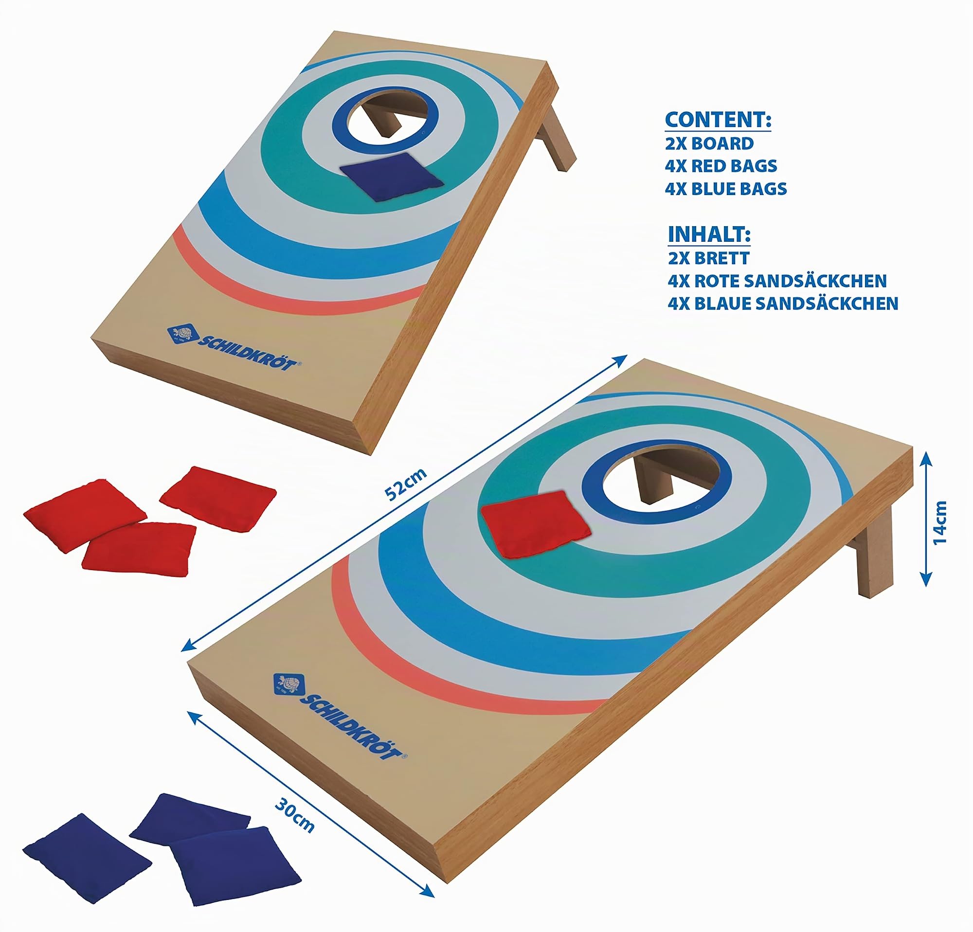 Schildkröt Cornhole Set | Juego Completo con 2 Tablas de MDF Certificado FSC y 8 Sacos de Arena | Ideal para Interior y Exterior