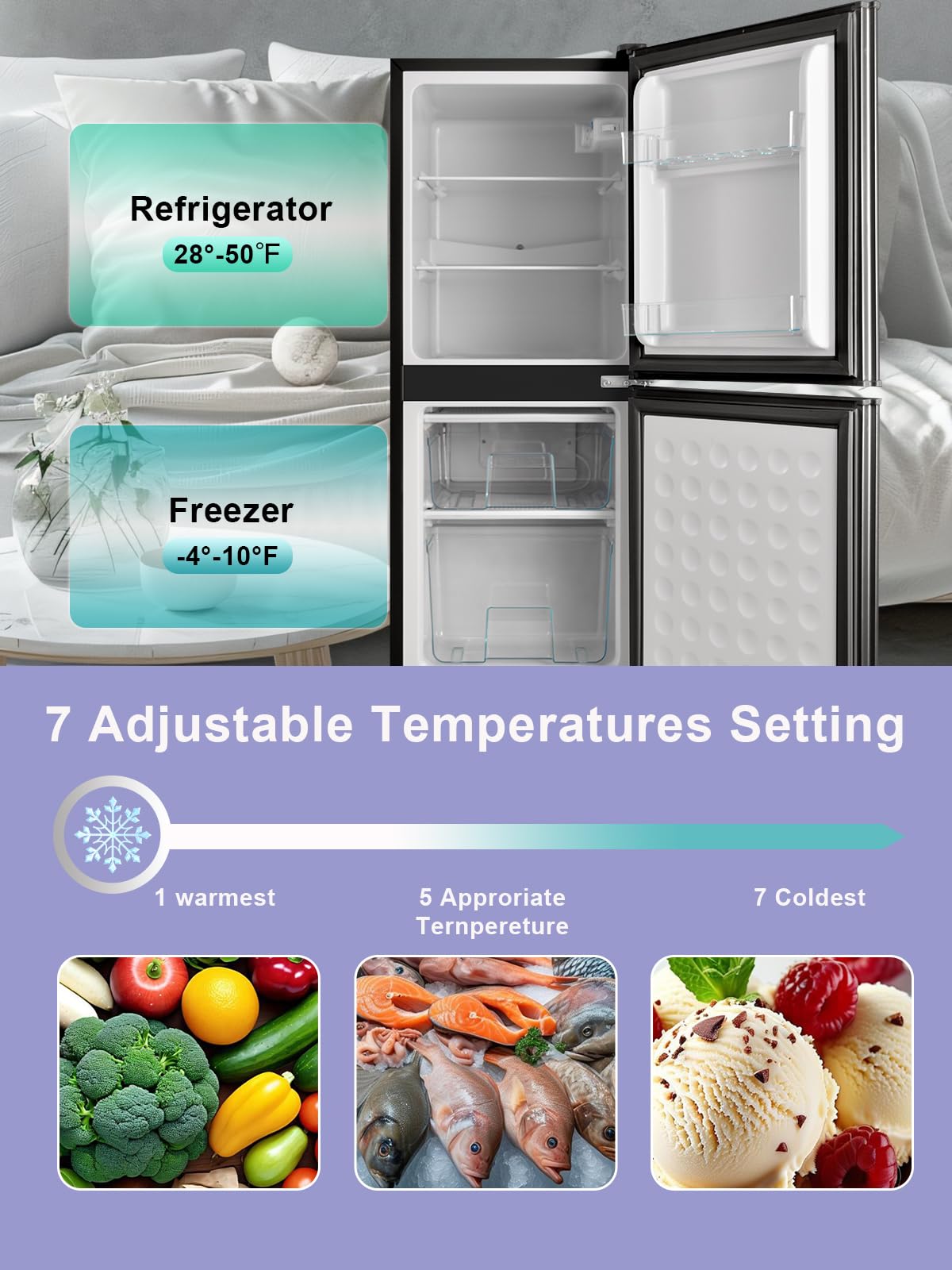 Krib Bling Refrigerator With Freezer 4.0 Cu.Ft With 7 Level Adjustable Thermostat Control 2 Door Energy Saving Bottom Freezer Compact Refrigerator Black on Fridge.com - View 2