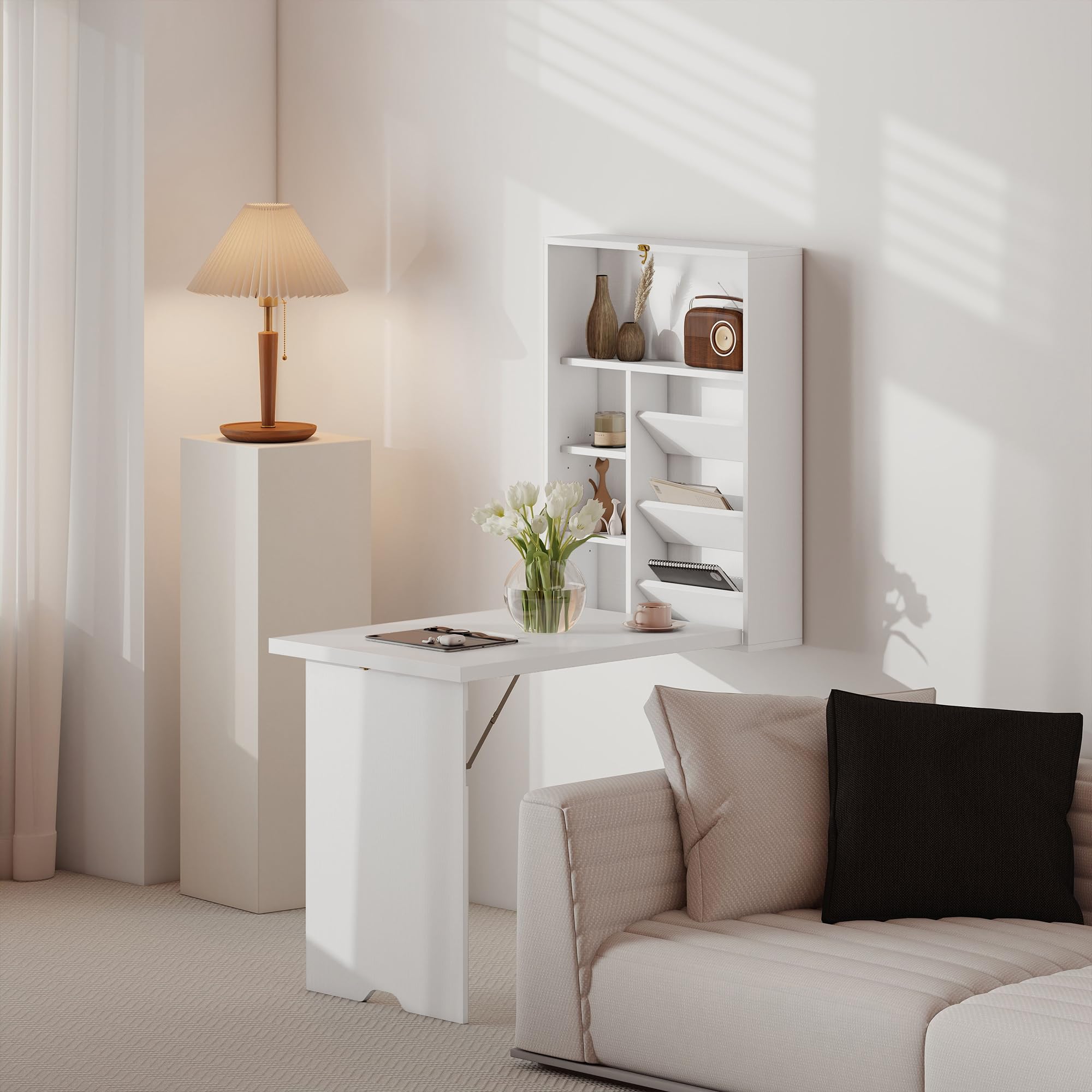 HOMCOM Bureau Pliable Mural avec étagères de Rangement, Bureau Rabattable, Table Murale Pliante, Gain de Place idéal pour Salon, Salle à Manger, Petit Espace, Blanc
