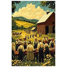 ghNDJdk Amish Barn Raising Illustration, Traditional Farm Life, Rural Community Scene Canvas Poster Bedroom Sports Landscape Office Room Decor Gift Unframe 12" L X 18" W