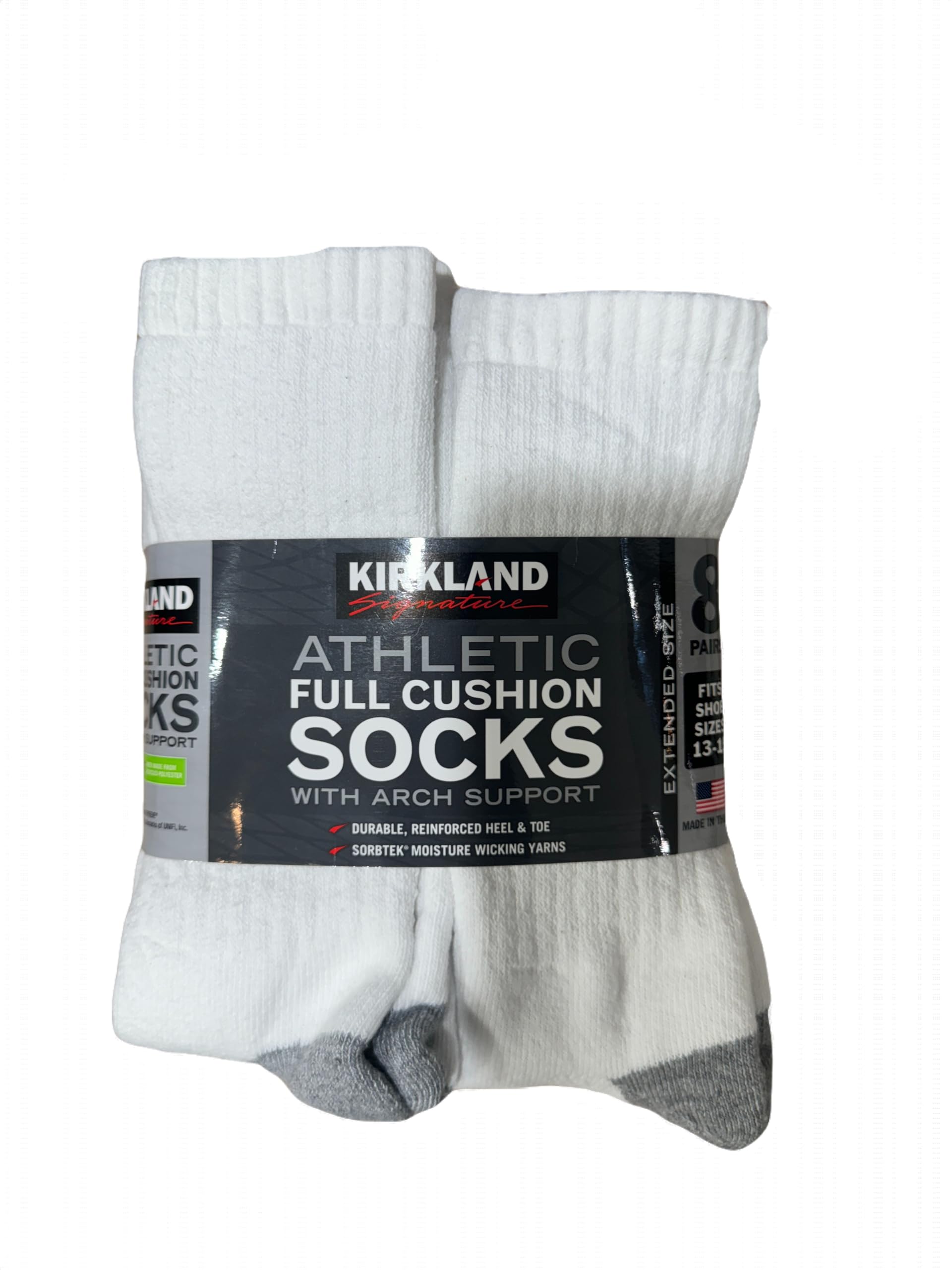 KIRKLAND Signature Men's Athletic Full Cushion Sock With Arch Support, 8 Count, White, Large