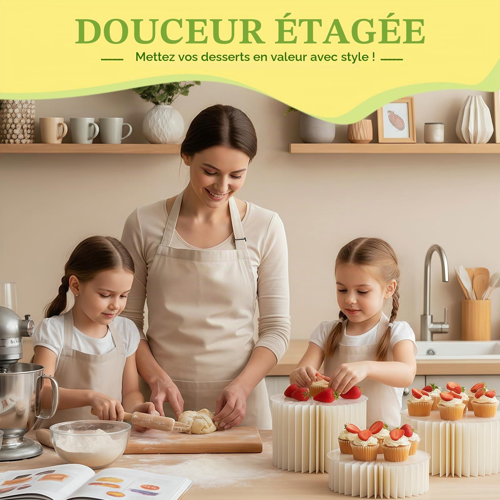 4 Plateaux à Gâteaux Pliables en Carton - avec 4 Plateaux Ronds en PVC (Hauteurs 10 cm & 20 cm) - Présentoir à Desserts pour Buffet, Mariage, Anniversaire, Cupcakes