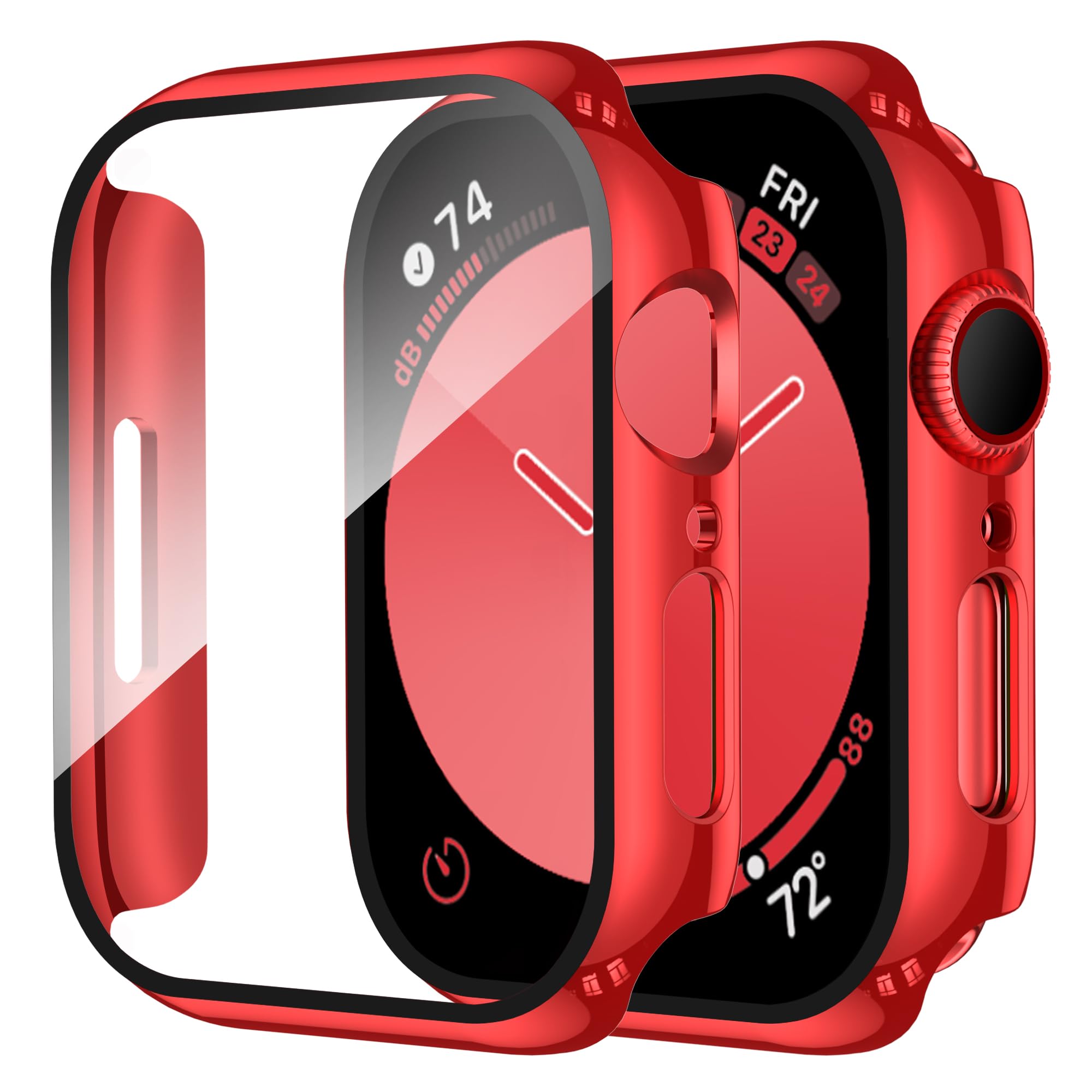 Smiling 2 Pack Case Compatible with Apple Watch Series 9/8/7 41mm with Tempered Glass Screen Protector, Hard PC Case Overall Protective Cover- 1 Red + 1 Transparent