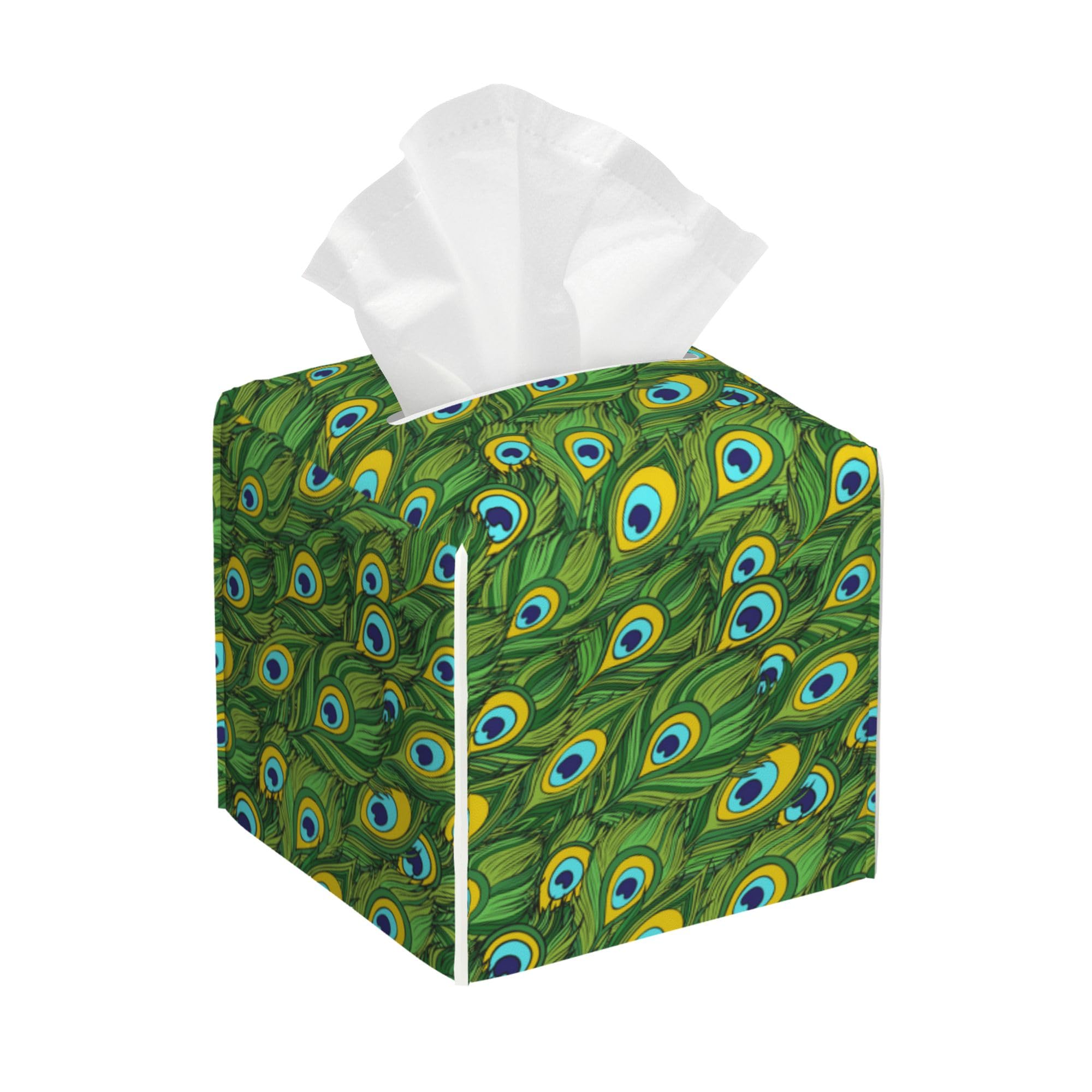 Leather Tissue Box Holder Peacock Feather Tissue Box Cover Facial Paper Case Organizer Cube Napkin Dispenser for Bathroom Vanity Countertop Night Stand Office Car