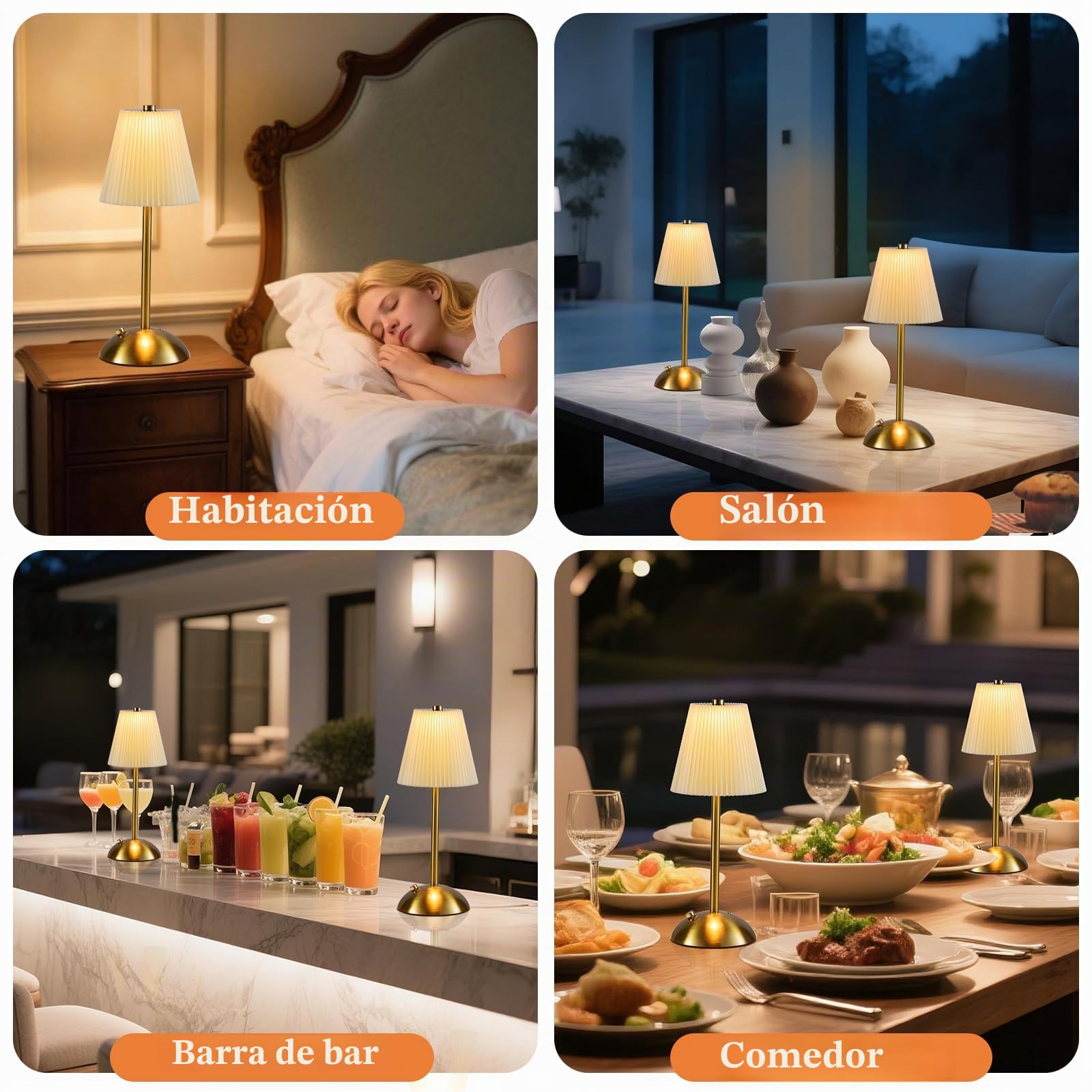 Lámpara de mesa inalámbrica LED, nocturna táctil, batería regulable, pantalla de lino blanco, batería recargable, conector USB-C