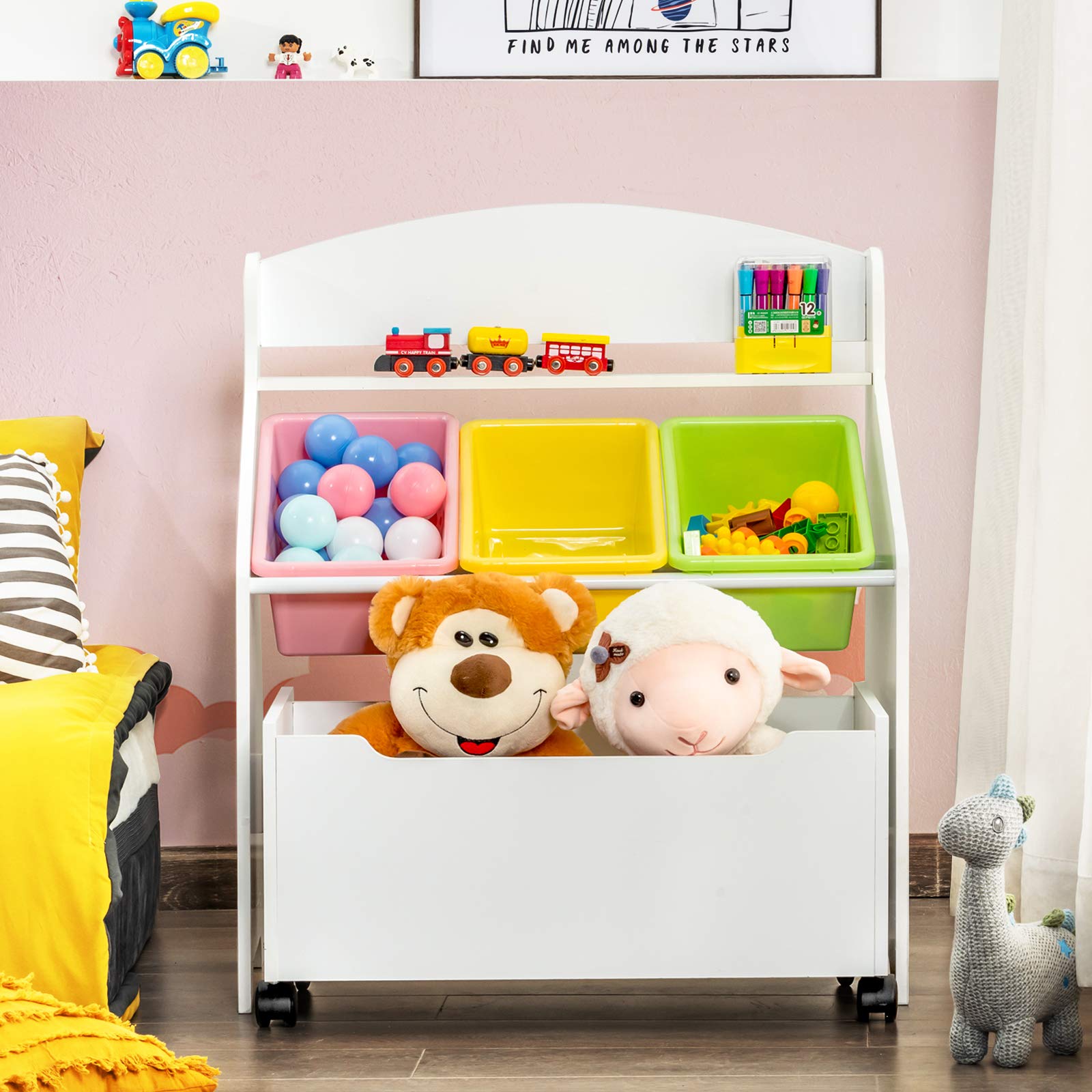 LIFEZEAL Estantería para Juguetes, Organizador de almacenamiento con 3 cubos de plástico, Caja con ruedas de juguetes infantil, armario para habitación del niño (blanco)