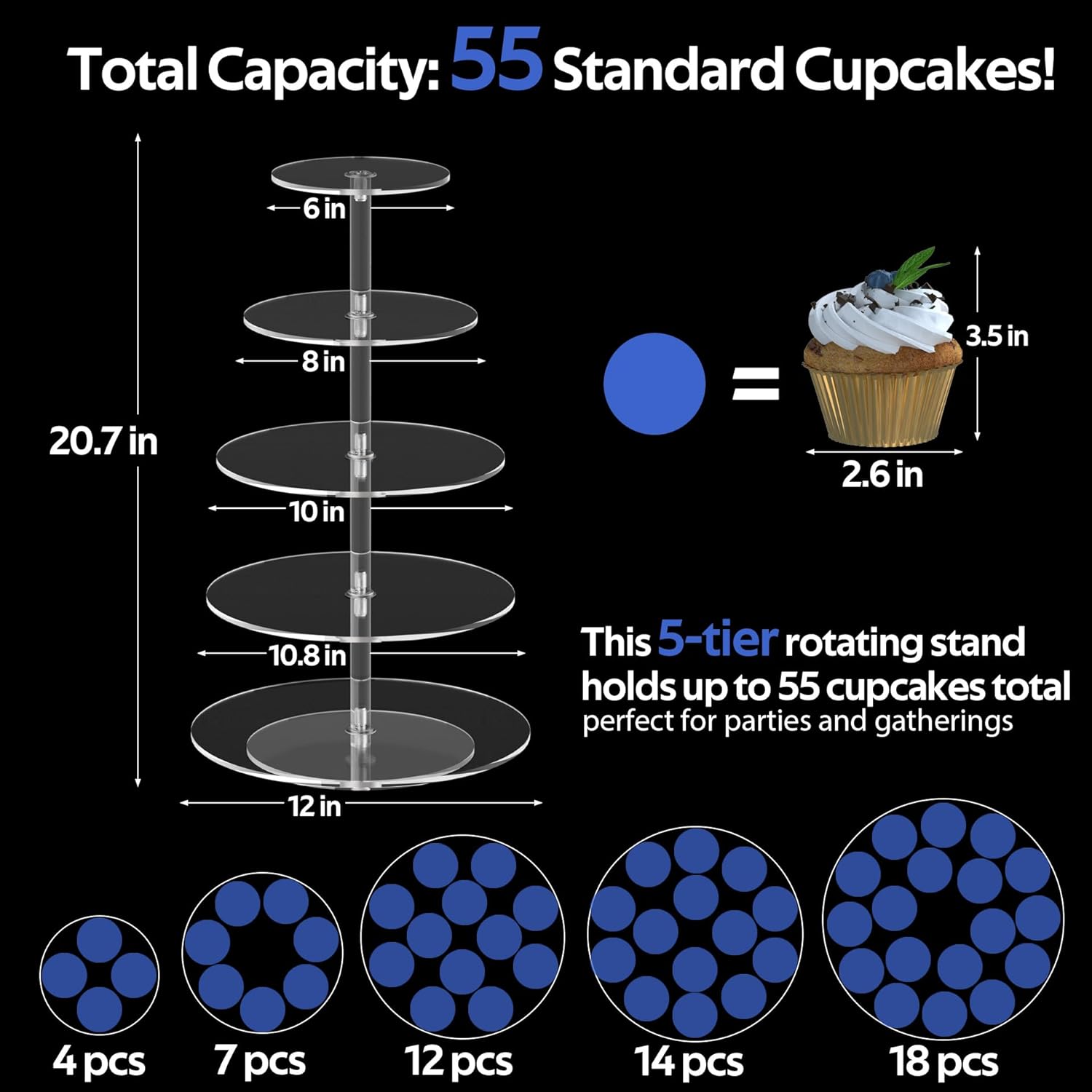 5-Tier Rotating Cupcake Stand, Clear Acrylic 360° Spinning Dessert Display Tower for Cakes & Pastries, Serving Stand for Weddings, Birthdays, Parties