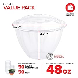 Stock Your Home Plastic Bowls with Lids (50 Count) 48 Oz. Disposable To-Go Containers - Large Airtight Bowls for Dinner or On-the-Go Meals