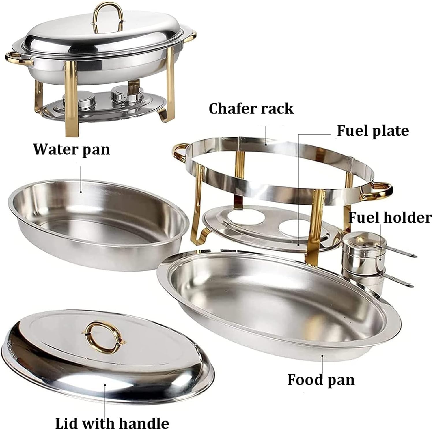 Juego de platos para bufé, calentador de alimentos con tapa y recipiente de combustible para catering, eventos, fiestas y bufés de desayuno, servidor de alimentos de acero inoxidable