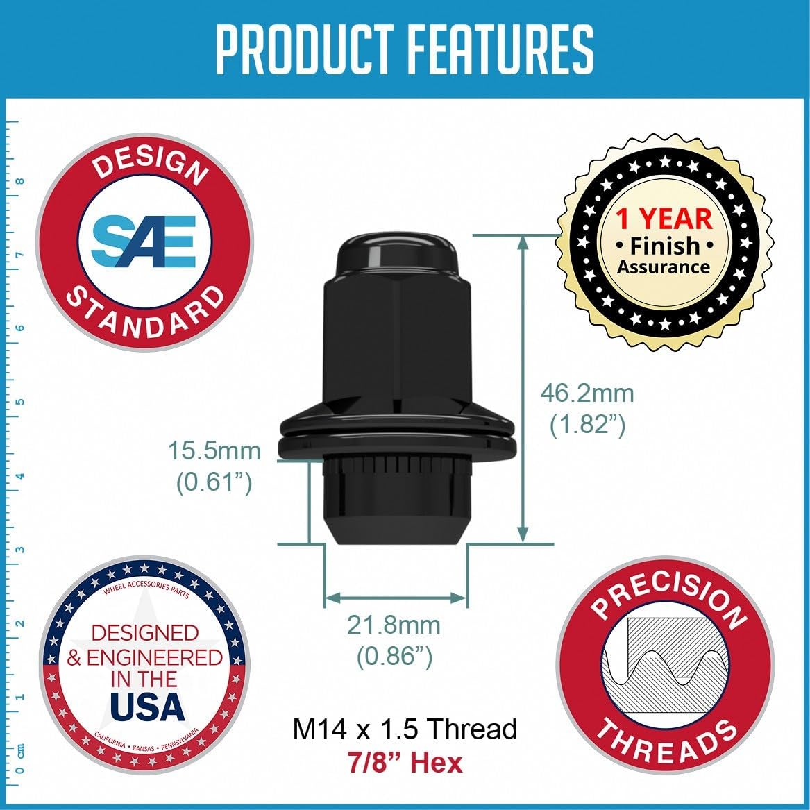 Wheel Accessories Parts 20 Pcs M14x1.5 14x1.5 Thread OEM Factory Style Lug Nuts 1.8" Long Black 7/8" 22mm Hex Fits Toyota Tundra Land Cruiser Sequoia 90942-A1001 ｜ 611-277 ｜ 90942-01103