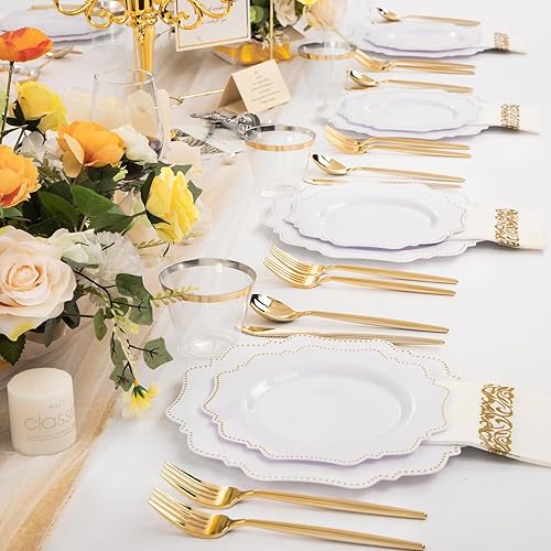 Miniatura 7 de COLOSUS Juego de vajilla de plástico desechable de 175 piezas de Acción de Gracias para fiestas, platos de cena y postre de plástico de oro blanco