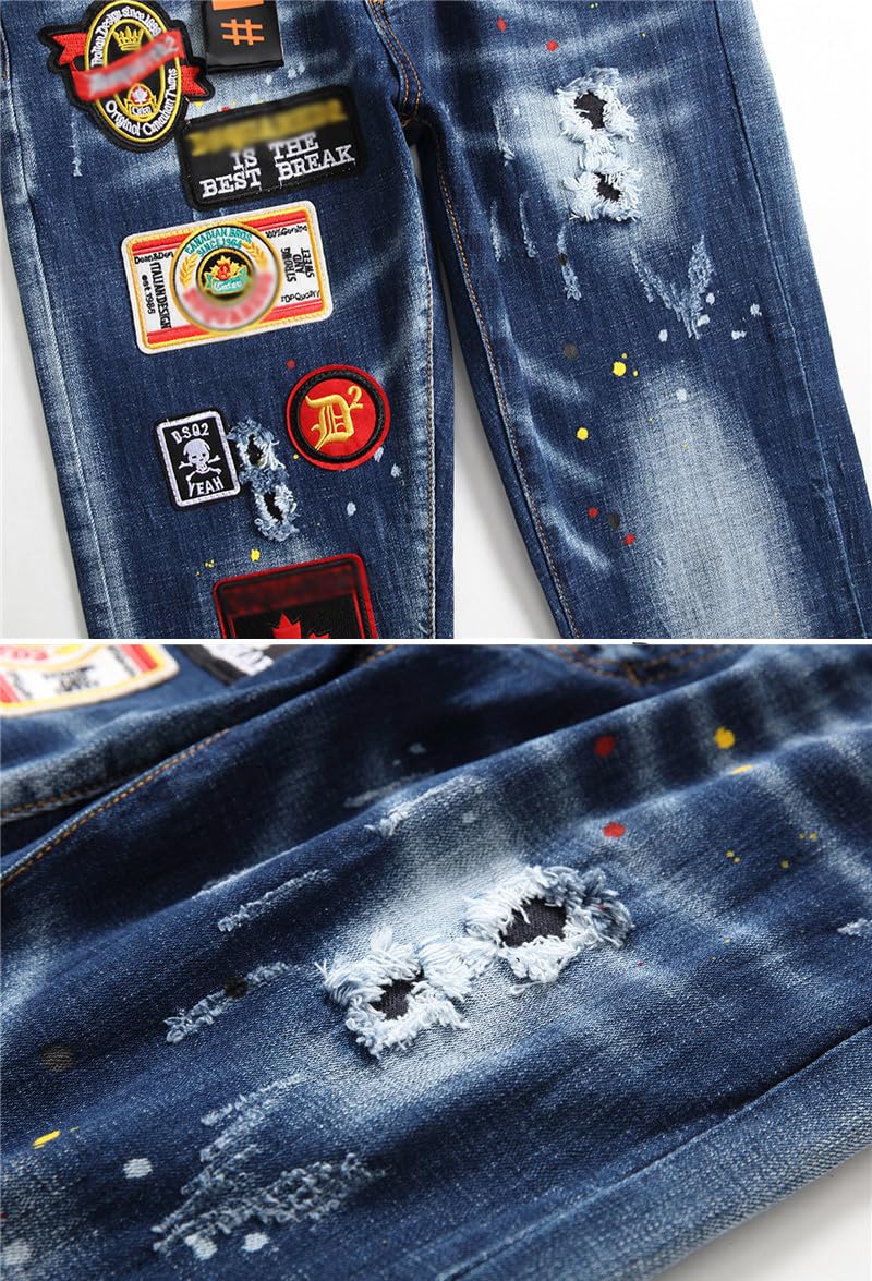 Jeans Uomo Slim Fit Strappati - Pantaloni in Denim Elasticizzato con Effetto Vernice Schizzata, Design Streetwear Ricamati Y2K, Stile Hip-Hop Casual per Outfit alla Moda