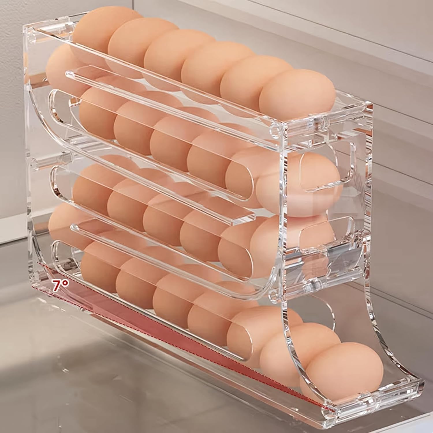 Egg Holder for Refrigerator, 4-Level Egg Dispenser with Automatic Rolling Function, Stackable Egg Container Made of PP, Space Saving Egg Organiser for Fridge Door, Approx. 30 Eggs Capacity-Xing