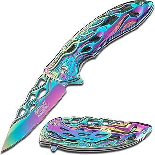 MTech USA MT-A822RB Spring Assist Folding Knife, Rainbow Blade, Rainbow Flame Handle, 4.75-Inch Closed