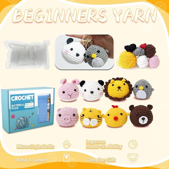 HAIJED 8Pcs Beginners Crochet Kit, Crochet Kit for Beginners Adults and Kids, Animals Crochet Kit, DIY Crochet Craft Kit with Instructions and Video Tutorials Yarns Accessories (Style A)