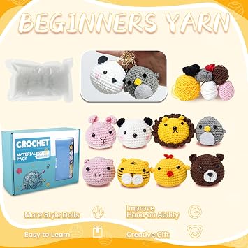 HAIJED 8Pcs Beginners Crochet Kit, Crochet Kit for Beginners Adults and Kids, Animals Crochet Kit, DIY Crochet Craft Kit with Instructions and Video Tutorials Yarns Accessories (Style A)