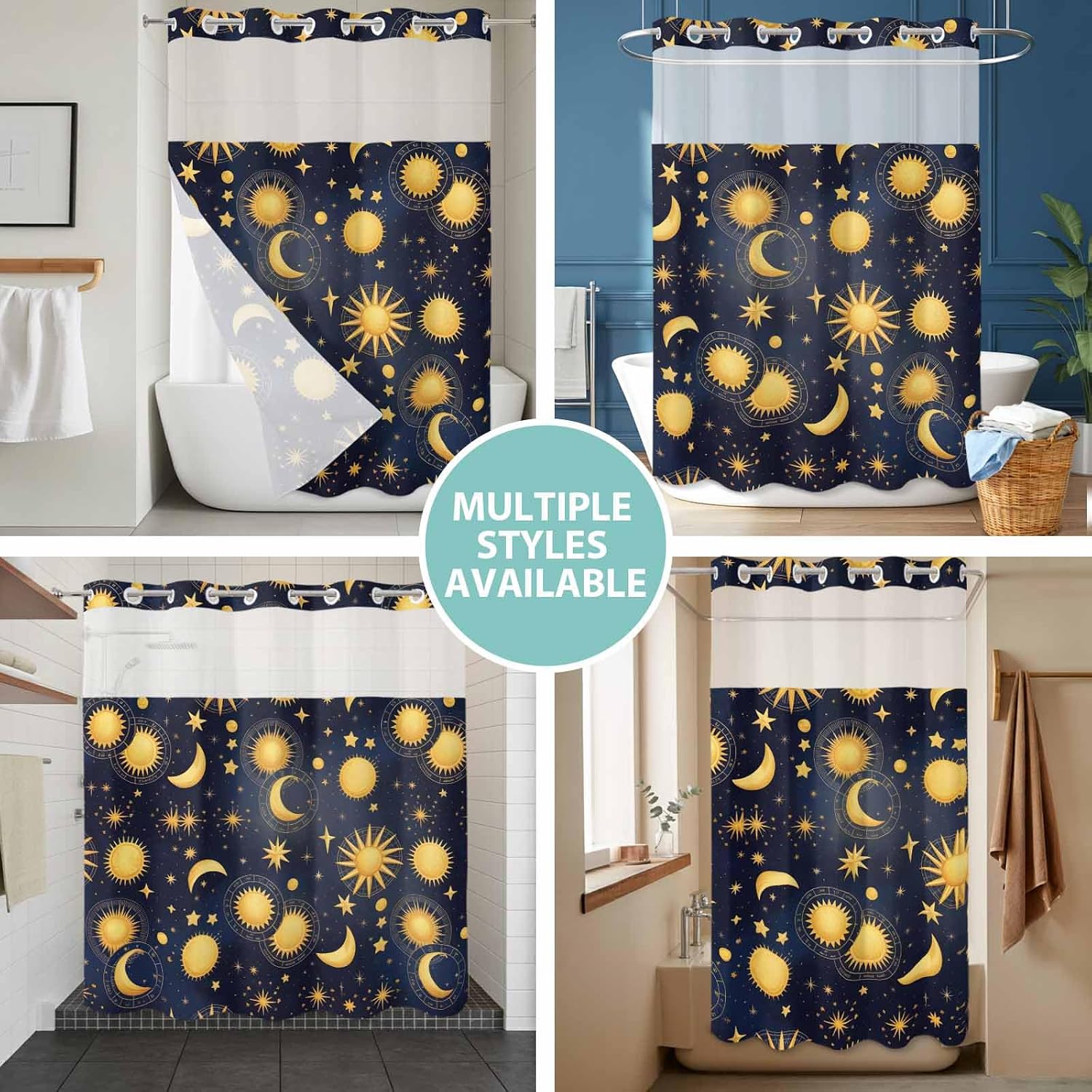 No Hook Shower Curtain with Snap in Liner Set Yellow Star Moon Shower Curtains for Bathroom Waterproof Fabric Fantasy Galaxy Starry Night Bath Curtain with See Through Mesh Top Window for Spa 72x72