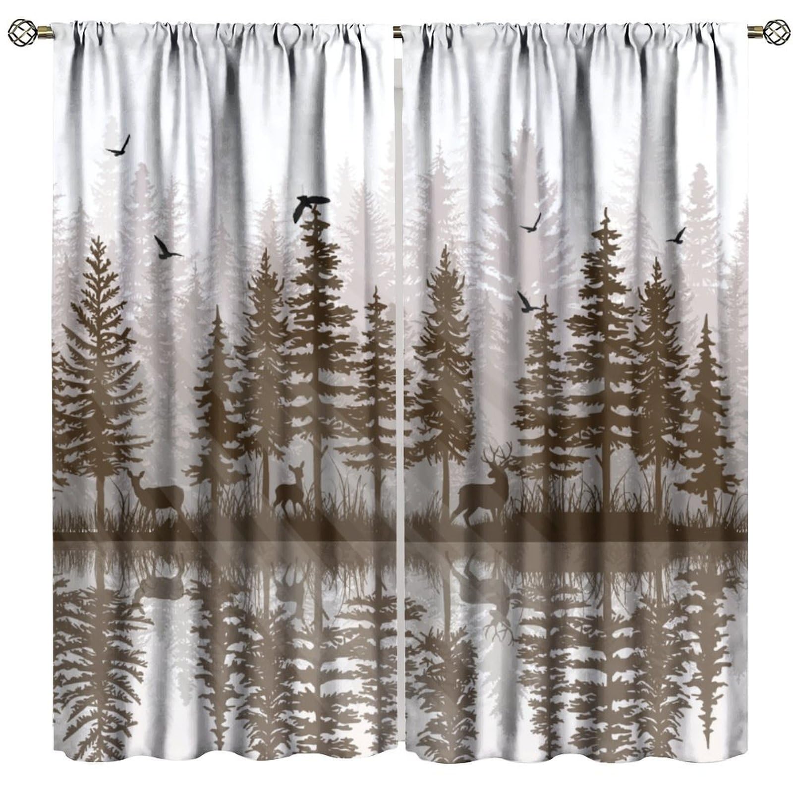 JanJCurt Misty Forest Curtains, Rustic Farmhouse Pine Tree Landscape Country Woodland Deer Print Window Drapes for Kitchen Living Room Bedroom 42x45in