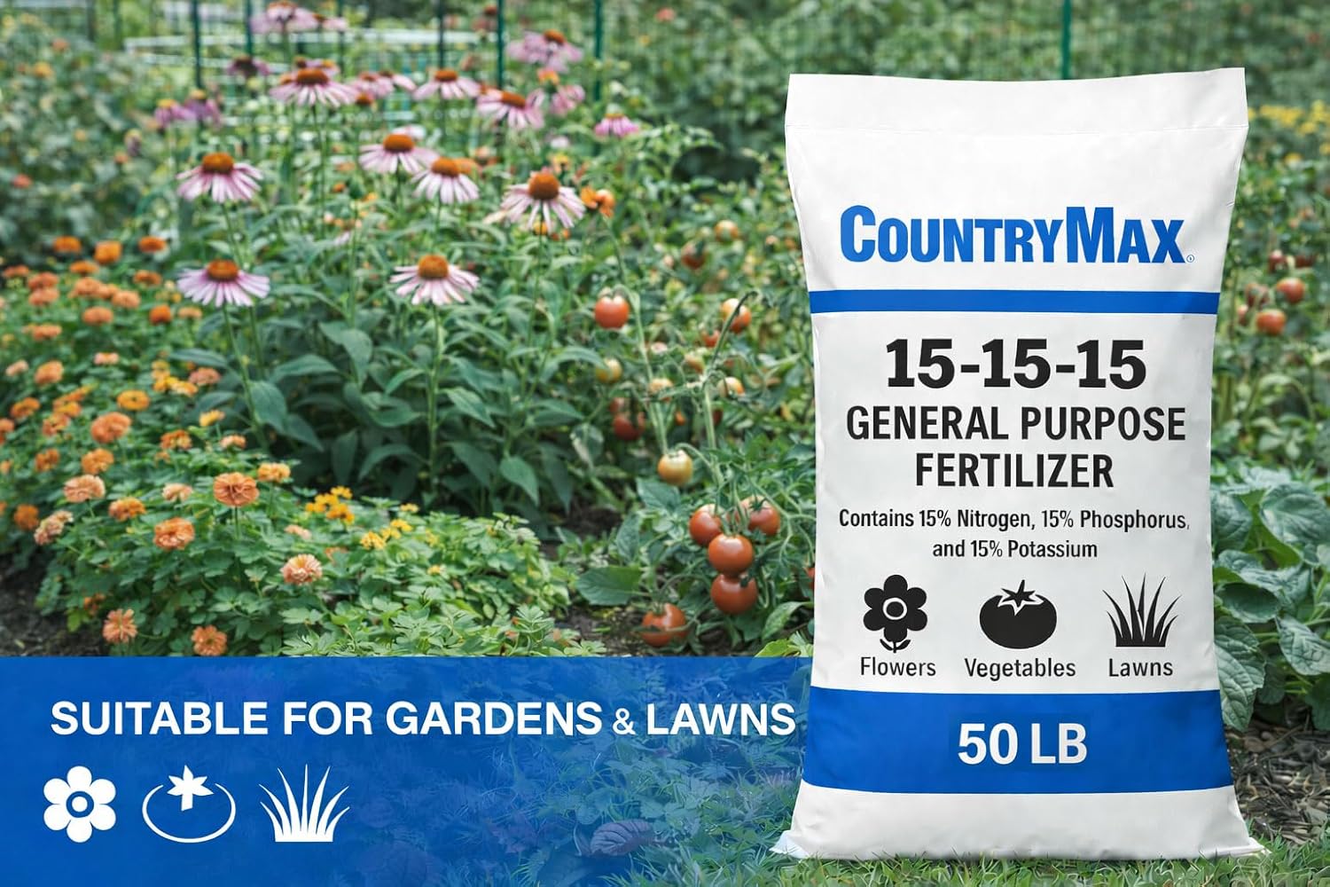 CountryMax 15-15-15 All Purpose Fertilizer, 50 lb Bag, Balanced Nutrition for Flowers & Vegetable Beds, Raised Gardens, Lawns & Grass, Supports Soil Health and Consistent Growth