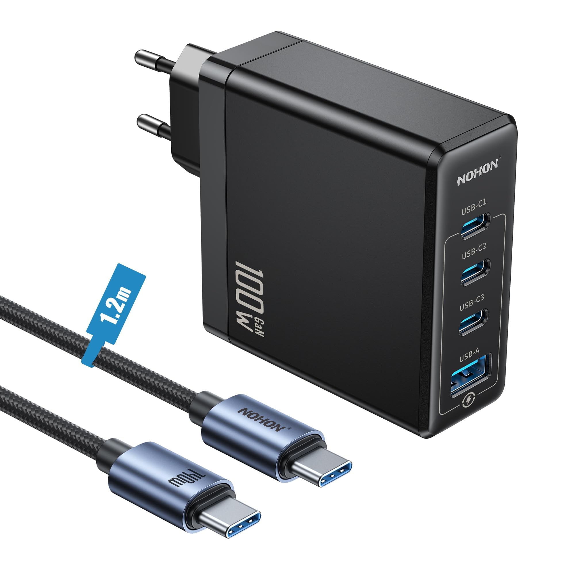 NOHON Caricatore USB C Rapido Caricabatterie: 100W PD 3.0 GaN Alimentatore con Cavo Tipo C Ricarica Rapido 140W 1.2M | PPS 4-Porte Compatibile con iPhone 13 14 15 16 17 MacBook iPad Laptop Galaxy S23