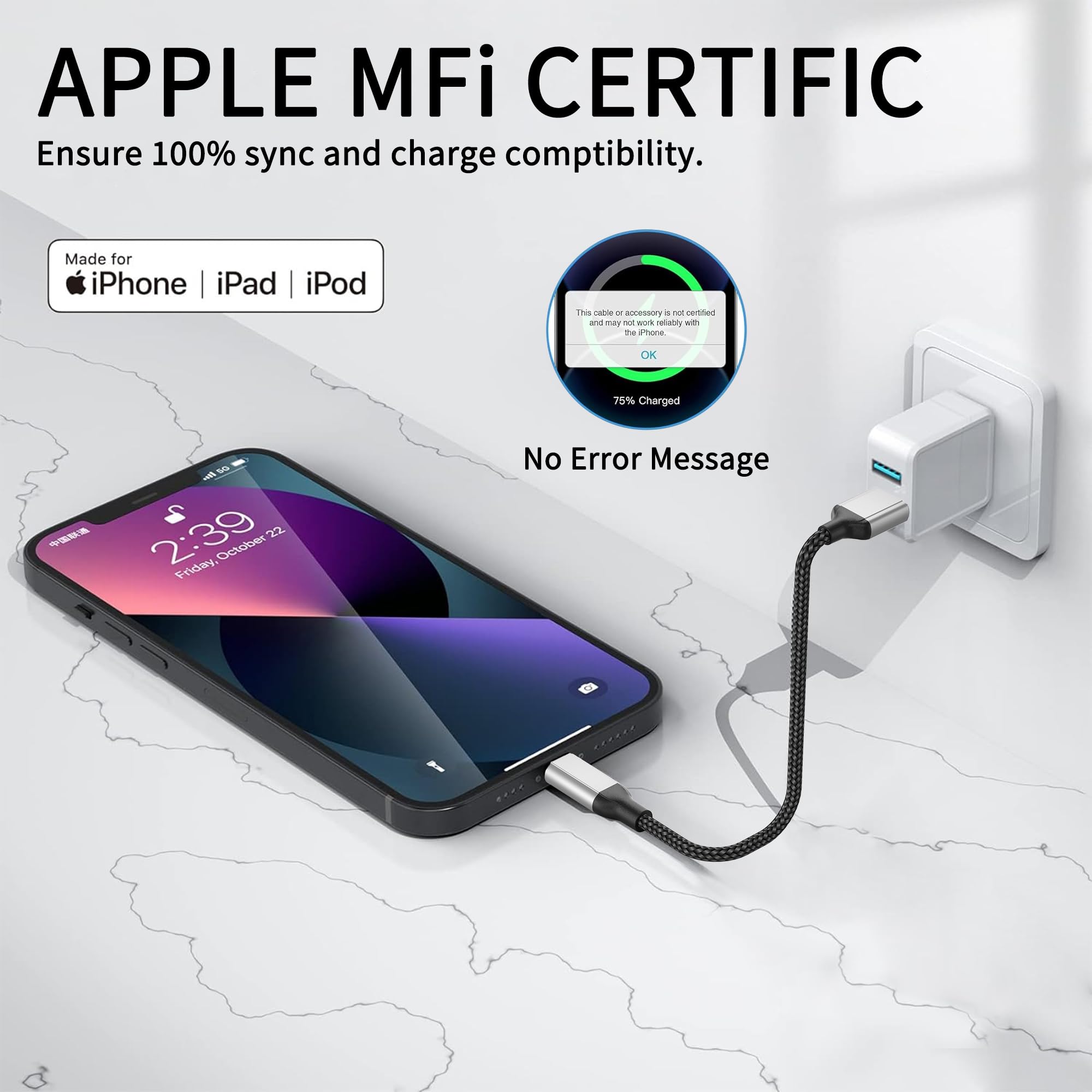 Acecene Cavo USB da 30 cm verso Lightning corto, 3 confezioni certificato MFi cavo di ricarica USB per iPhone Cavo di ricarica rapida Carplay compatibile con iPhone 14 13 12 11 Pro Max X XS XR 8 7 6