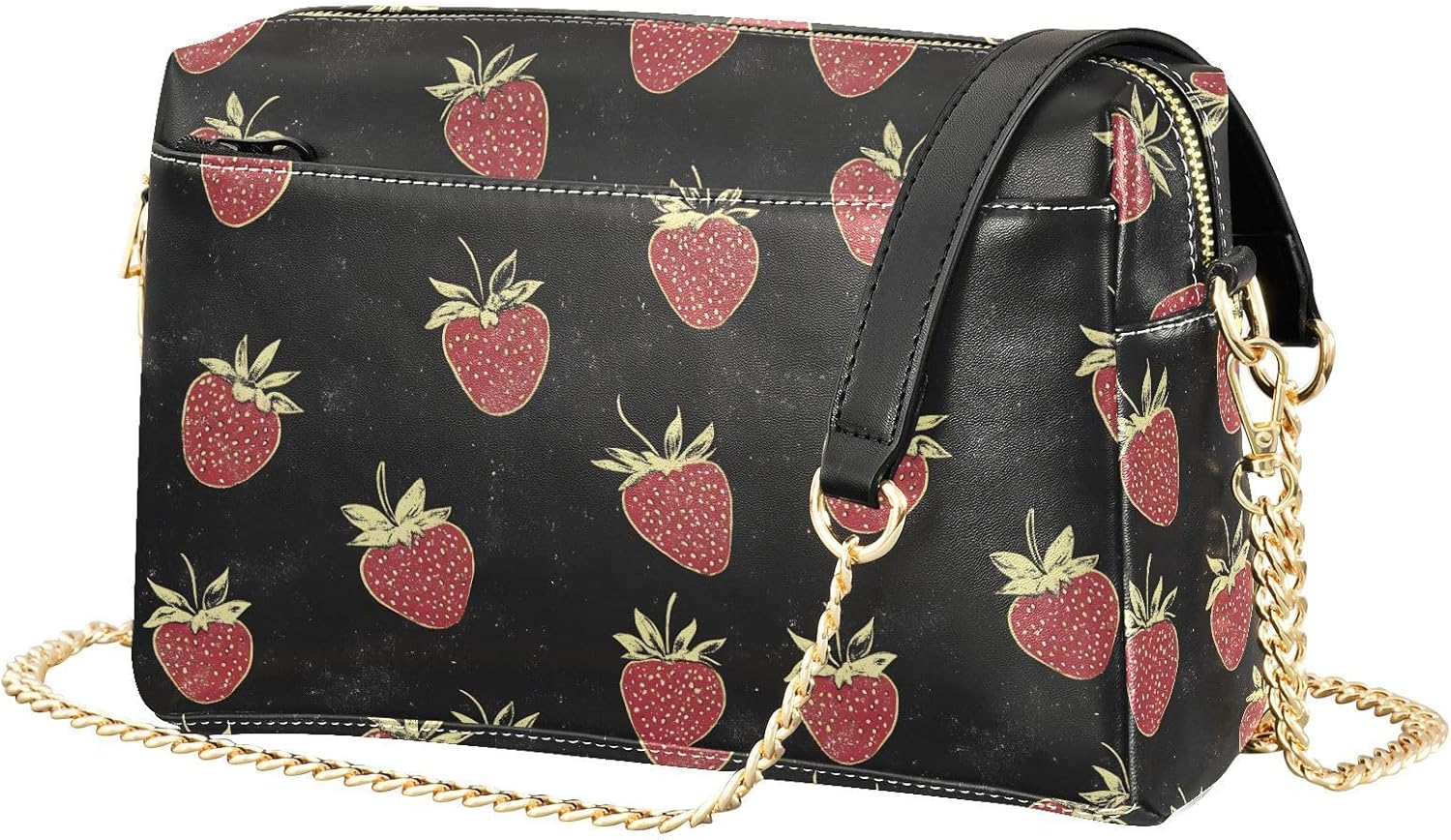 Women Crossbody Bag Shoulder Handbag Cellphone Purse PU Leather Metal Chain Strap Water Resistant Zipper Closure Cartoon Strawberry Print