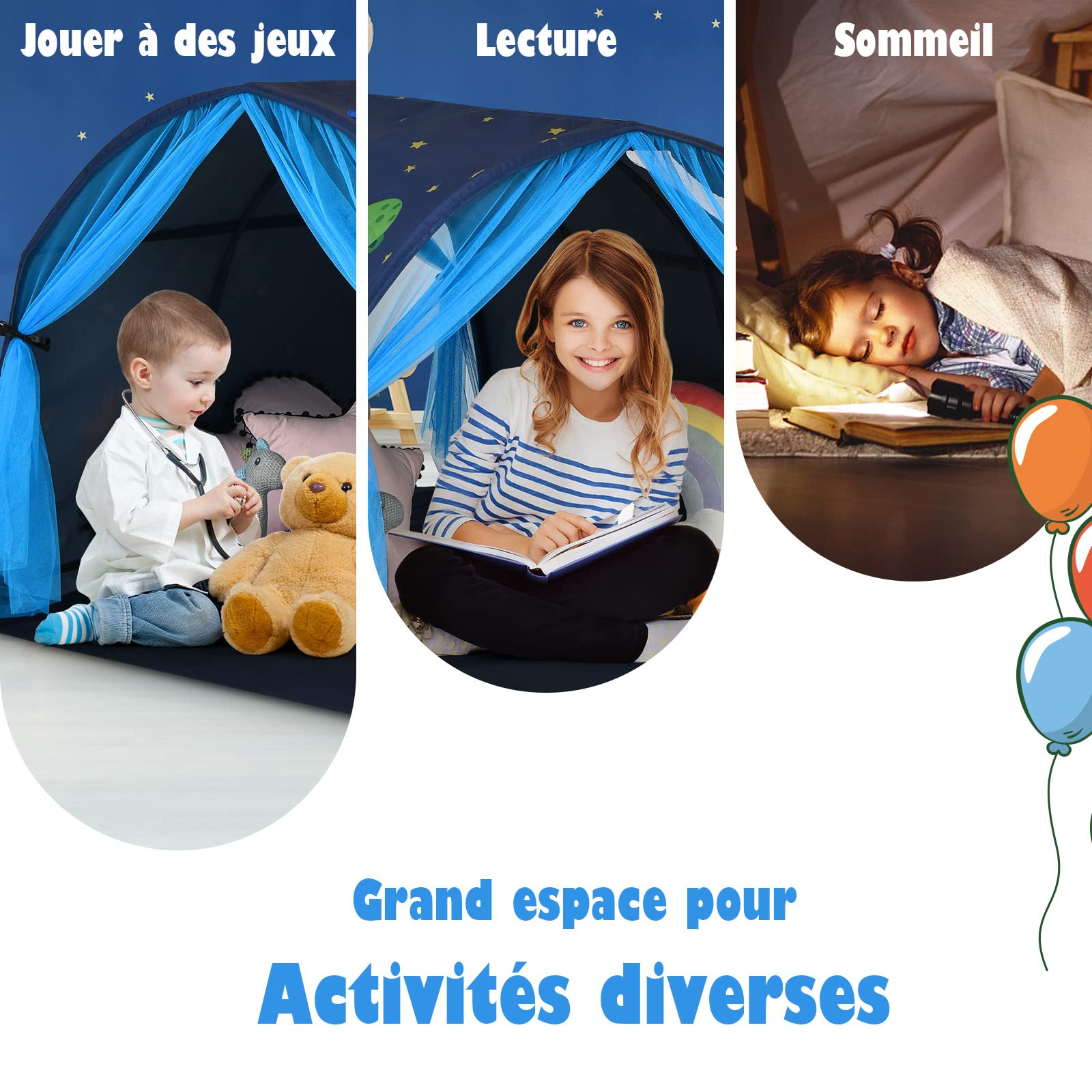 GOPLUS Tente de Lit Enfants, avec Double Rideau en Maille, Sac de Transport, Tente de Jeu Portable pour l'Intérieur & l'Extérieur, en Forme de Tunnel, Structure Stable, (Bleu)