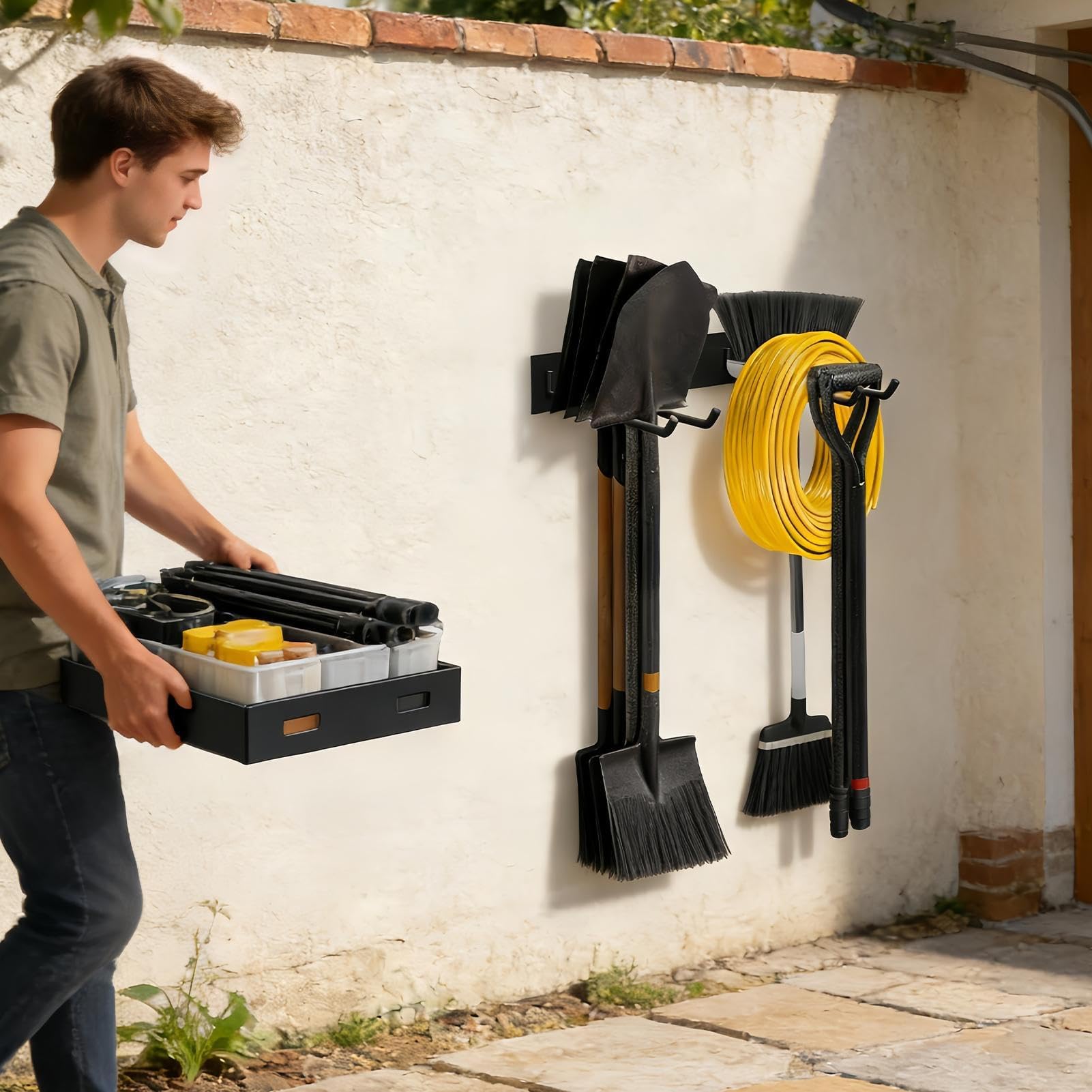 Portautensili da parete, capacità 108,9 kg, resistente, per scope e scale, mensola in metallo, per garage e patio, porta attrezzi per una gestione efficiente dello spazio
