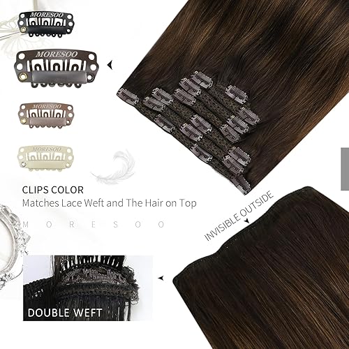 Miniatura 4 de Moresoo Extensiones de cabello humano con clip, color marrón degradado, doble trama, extensiones de cabello humano real, balayage, color marrón