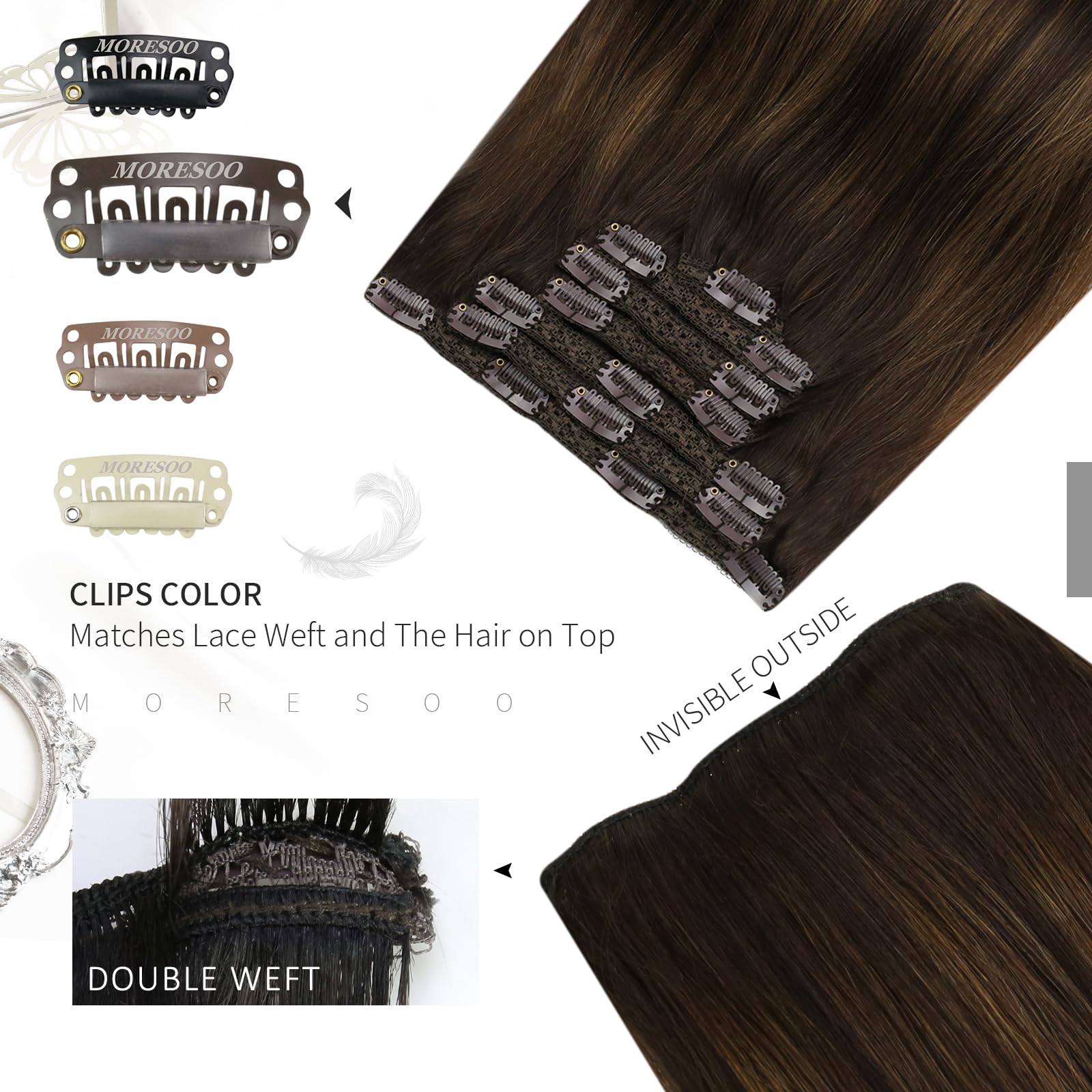 Moresoo Clip in Hair Extensions Real Human Hair Root Darkest Brown Balayage Chestnut Brown Remy Human Hair Extensions Clip in Long 24 Inch for Women Adding Length Daily Use 7pcs/120g #2/6/2 - Image 4
