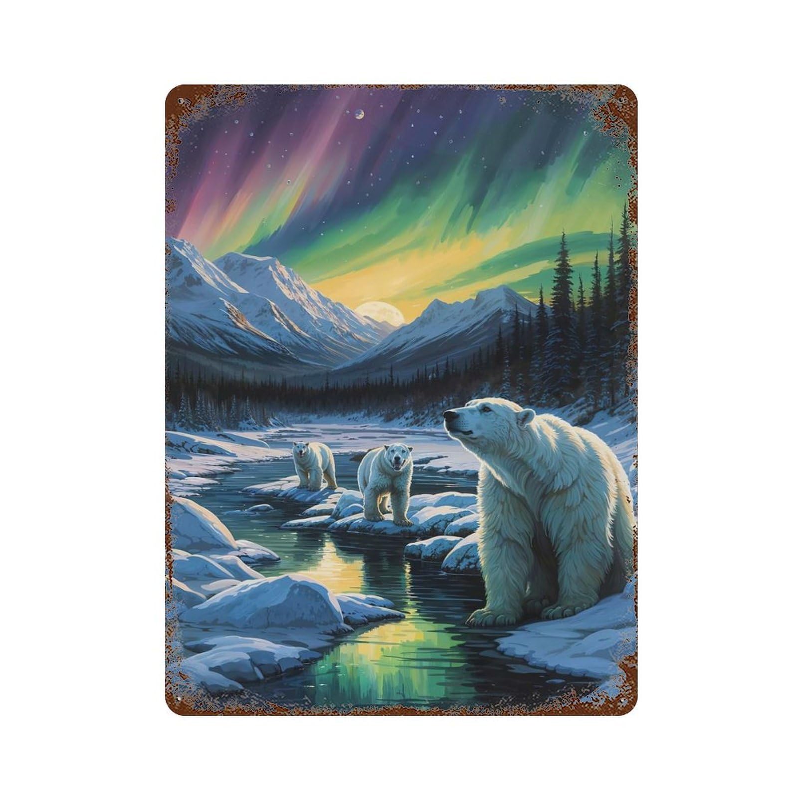 Rust Effect Enchanting Arctic Aurora Rusty Metal Tin Sign 15.7"x11.8", Old School Wall Decor for Farmhouse, Kitchen And Entryway Decor