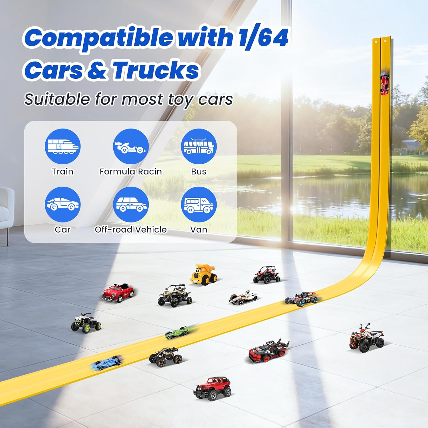 16.5Ft Flexible Race Car Track with 4 Cars, Suction Cups, Hooks & Roadblocks, Compatible with 1:64 Scale Toy Cars, Portable DIY Racetrack Gift for Kids Ages 3+ Yellow