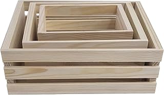 Wooden Storage Crates Set of 3, Unfinished Pine Wood, Nesting Boxes for Home Organization, Shelving Decor, and DIY Crafts, Natural Slatted Organizers