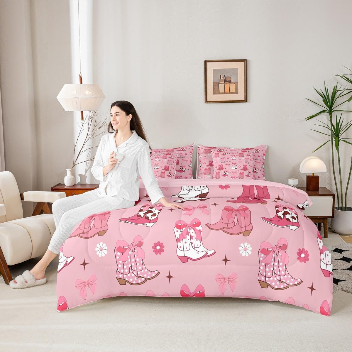 Erosebridal Western Bow Comforter Set with Sheets Cowgirl Pink Bow 7-Piece Bedding Set Twin Size Cartoon Stars Flowers Bed in A Bag Teen Girl Vintage Western Hat Boot Bedding Comforter Sets