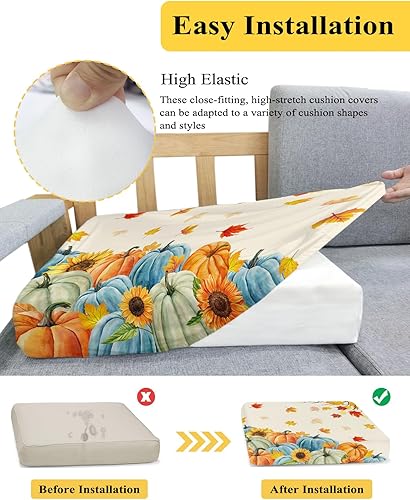 Miniatura 5 de Fundas de cojín elásticas para sofá de otoño, con diseño de calabazas azules y naranjas, con parte inferior elástica, diseño de hojas de arce y
