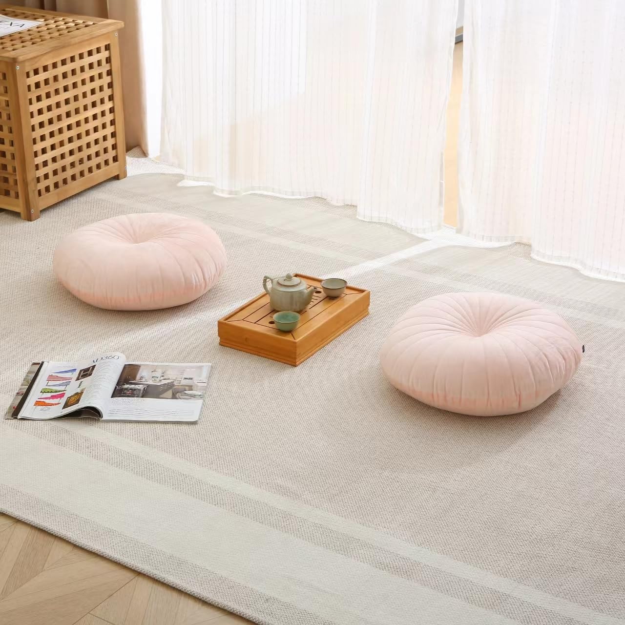 Coussin de sol rond de méditation pour adultes, coussin de sol épais en velours épais pour yoga, salon, balcon, tatami extérieur, 45,7 cm (rose)
