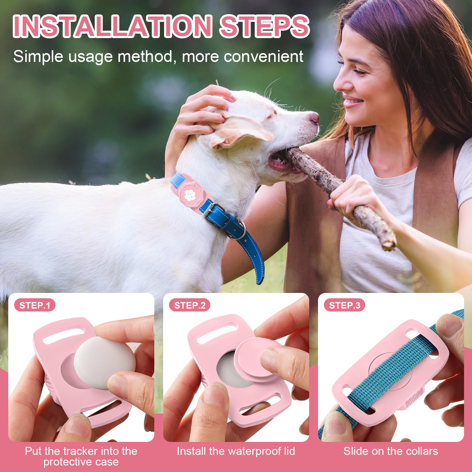 Tracker intelligent pour collier – Tracker de localisation de chien avec support, compatible avec Google Android uniquement (pas pour iOS), rose