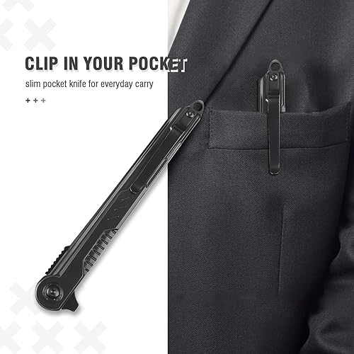 Miniatura 5 de EDC Cuchillo de Bolsillo - Hoja Tanto de Acero 7CR13Mov, Cuchillo de Supervivencia Delgado con Clip y Seguro de Revestimiento, Rompeventanas