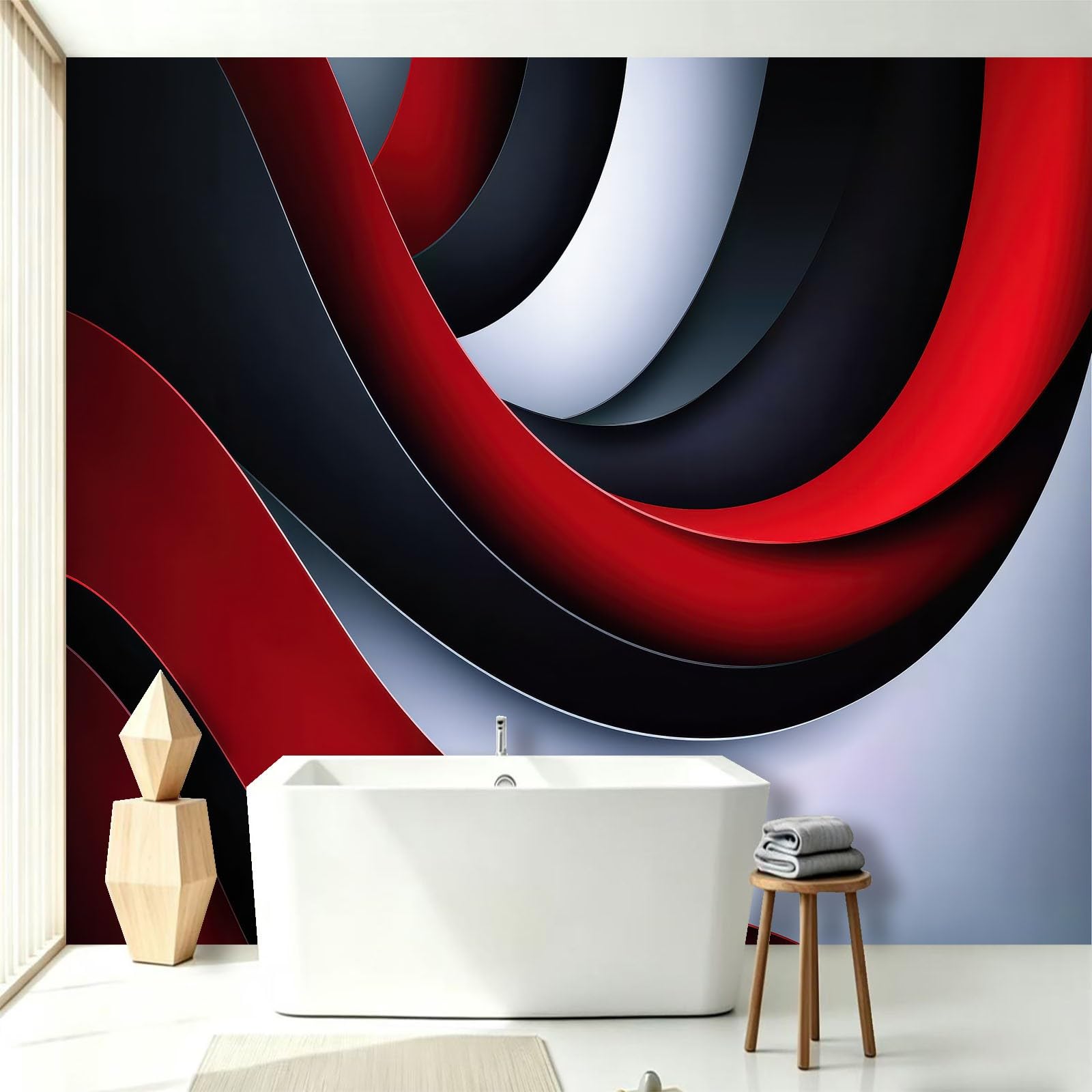 Carta da parati murale in tessuto non tessuto, 300 x 210 cm (L x A) - Decorazione da parete industriale astratta curve rosso nero bianco per sala riunioni moderna sala giochi
