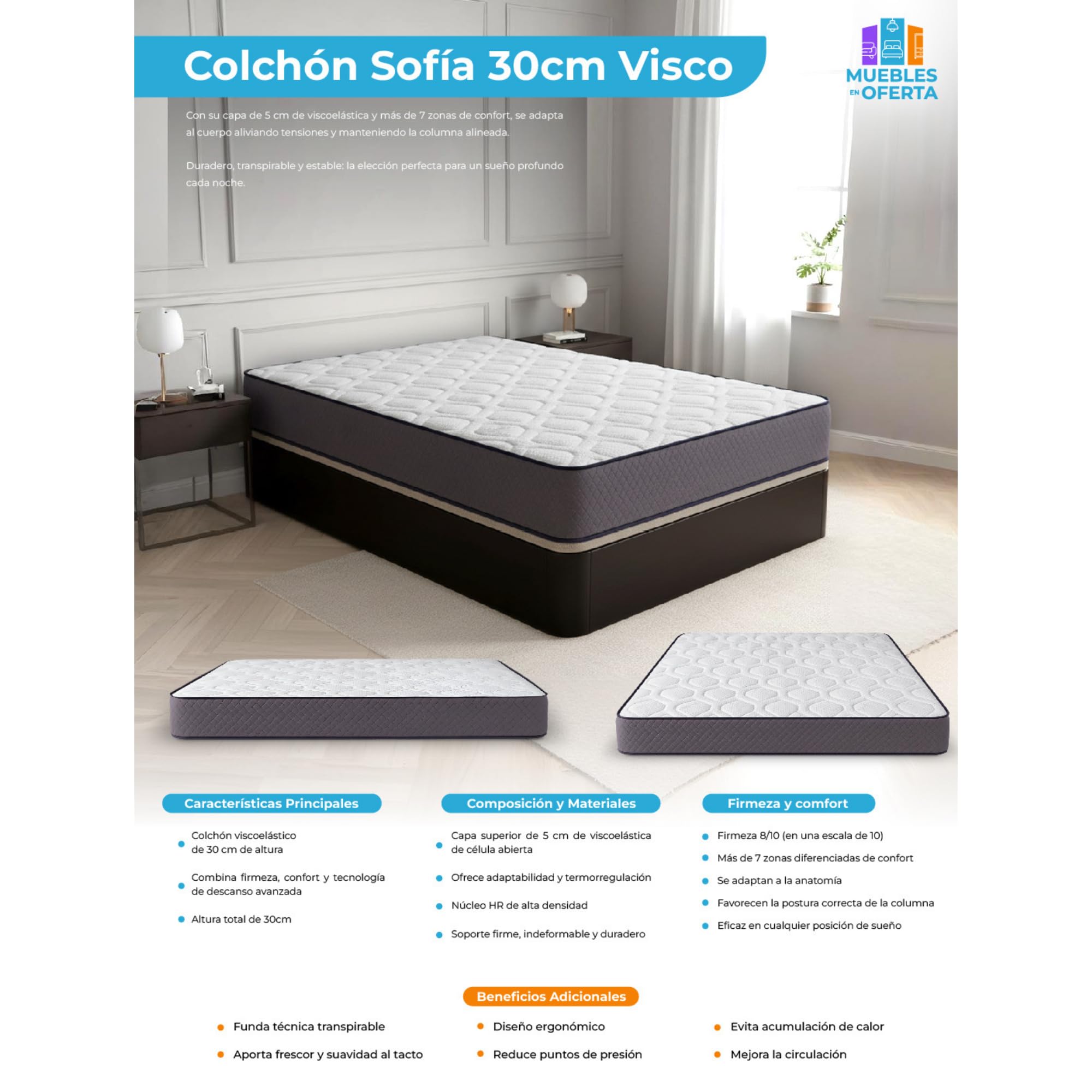 Colchon Viscoelastico 135 x 190 Elite Silver de 30 cm, Gama Alta, Ortopédico Profesional, Colchones 135x190 con Tecnología Fresh y Tratamiento Antiacaros