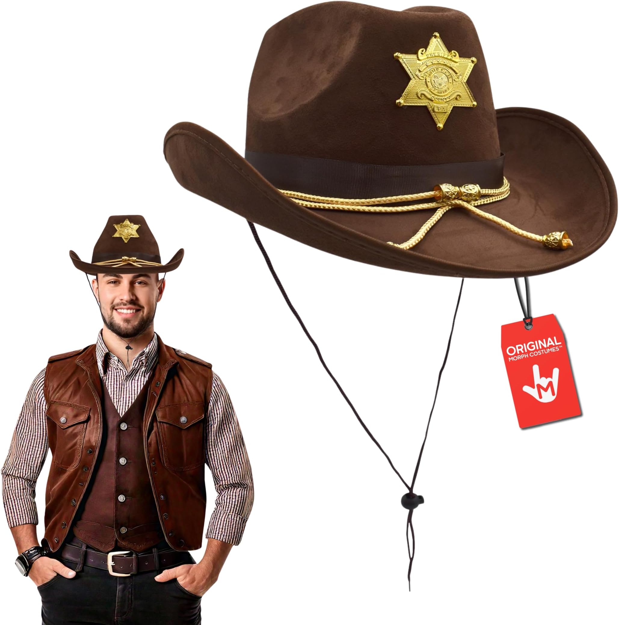 Morph Brown Western Sheriff Cowboy Hat Gold Badge Costume Accessory for Adults Cosplay Theater Halloween Outfit Adjustable Chin Strap Unisex One Size Fits Most