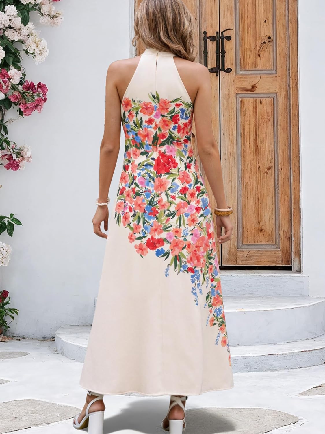 Womens Summer Floral Maxi Dress Halter Neck Sleeveless Sundresses Beach Vacation Wedding Guest Flowy Long Dresses with Belt - Image 3