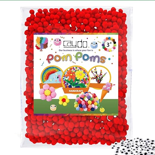 Caydo 1000 pompones rojos de 0.4 in con 100 piezas de ojos ondulados, bolas de pompones para manualidades para niños, para arte, creativo y