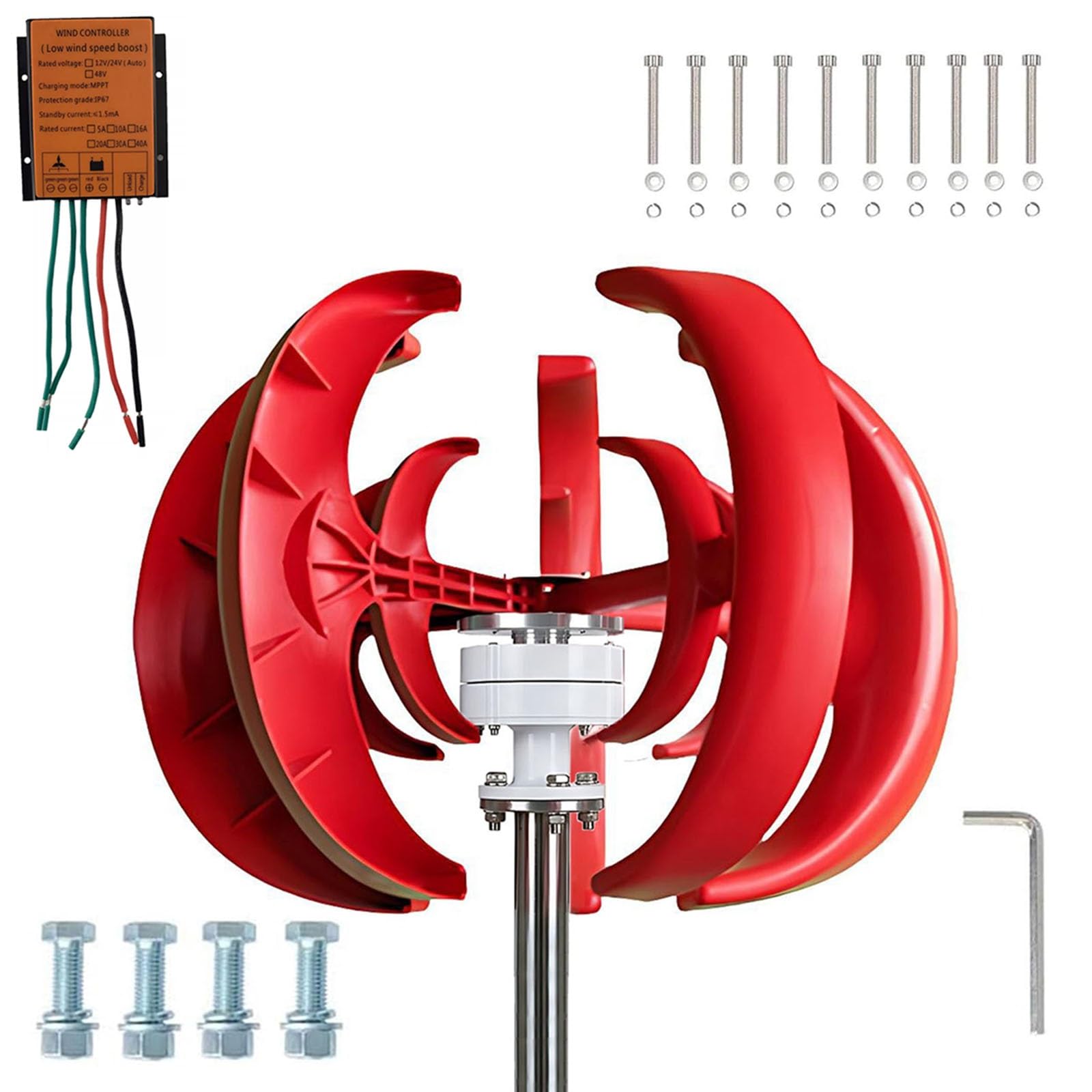 Kit Energía Eólica 500W 300W 100W, 48V 24V 12V Aerogenerador Vertical con Controlador, Motor de Imán Permanente, 5 Aspas, Conexión DN25 para Jardín y Terraza(24V,500W)