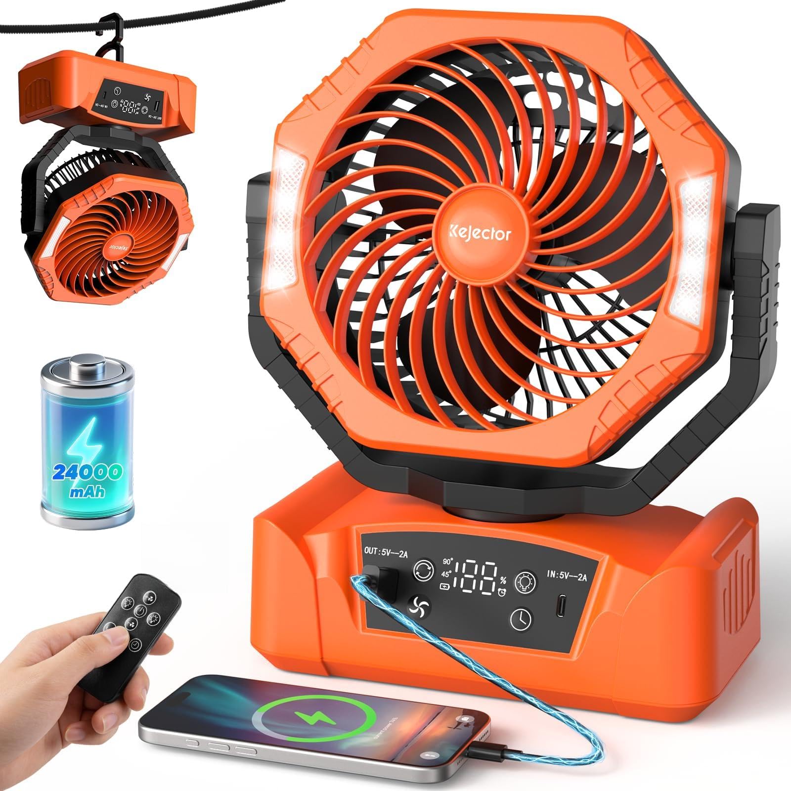 kejector Camping Fan 24000mAh Rechargeable Battery – HD Battery Display, Remote & Timer, 6 Speeds + Auto Swivel,LED Light, Lightweight Hanging/Stand for Outdoor,Camping, Tent, Home