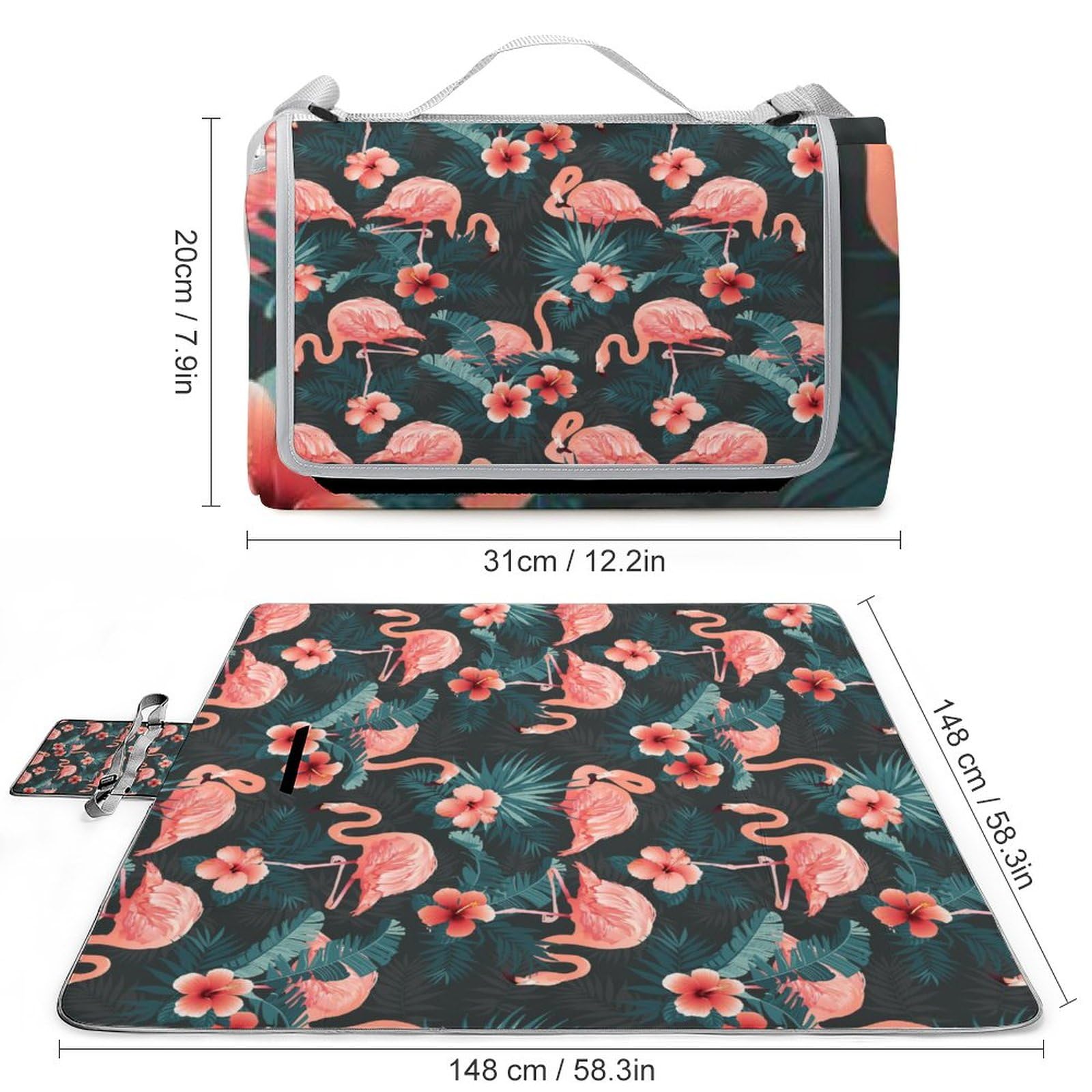 Flamingo-Bird-Tropical Flowers Picnic Blanket Waterproof Foldable, Large Outdoor Picnic Blanket Beach Blankets Camping Blanket Travel Mat, Shoulder Strap Tote, Rectangle 58x58in