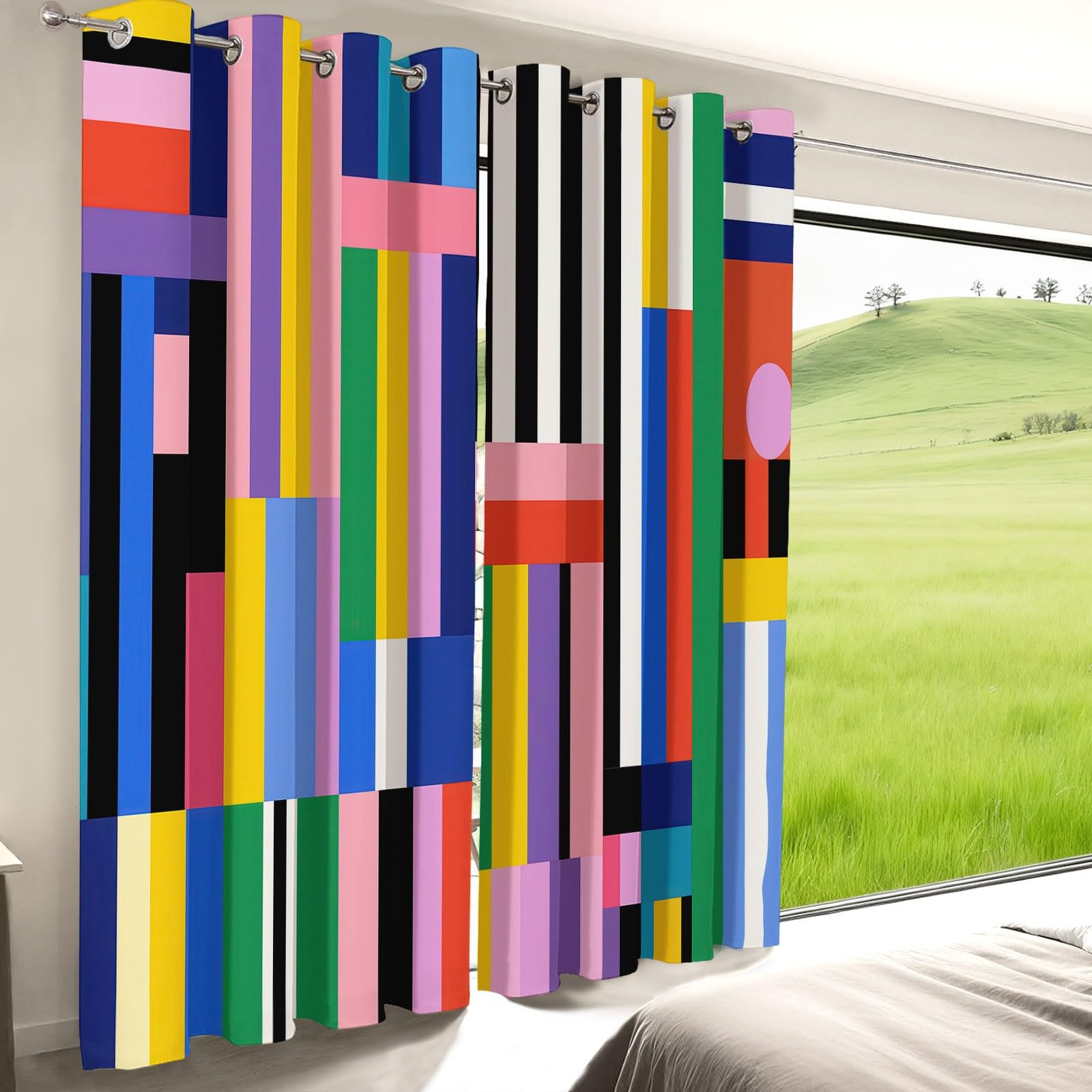 Verdunklungsvorhänge mit Ösen für Wohnzimmer, Mode Abstrakt Geometrisch Streifen Thermovorhang Hitzeschutz 2er Set B75 x H166 cm Bunt, Schlafzimmer Vorhänge Blickdicht Fenster Gardinen
