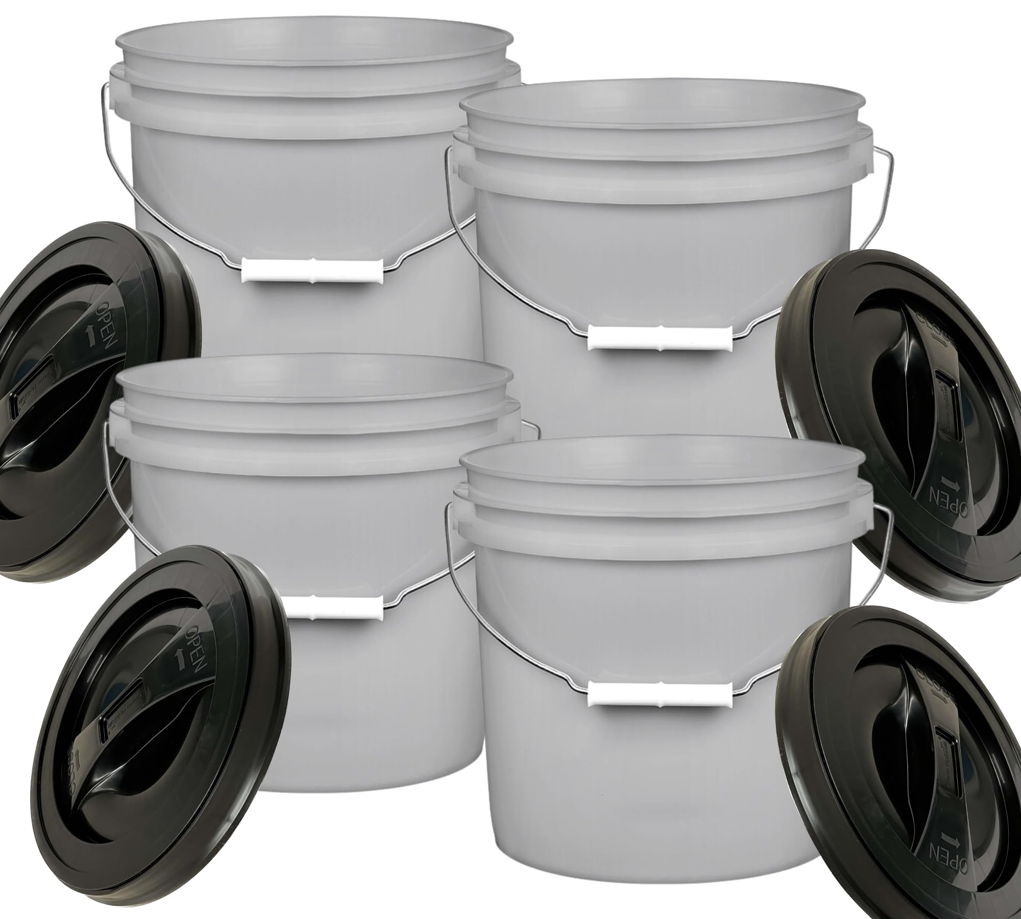 House Naturals 2 Gallon Gray Food Grade Plastic Bucket BPA Free Pail (Pack of 4) (with Black Screw On Lid)