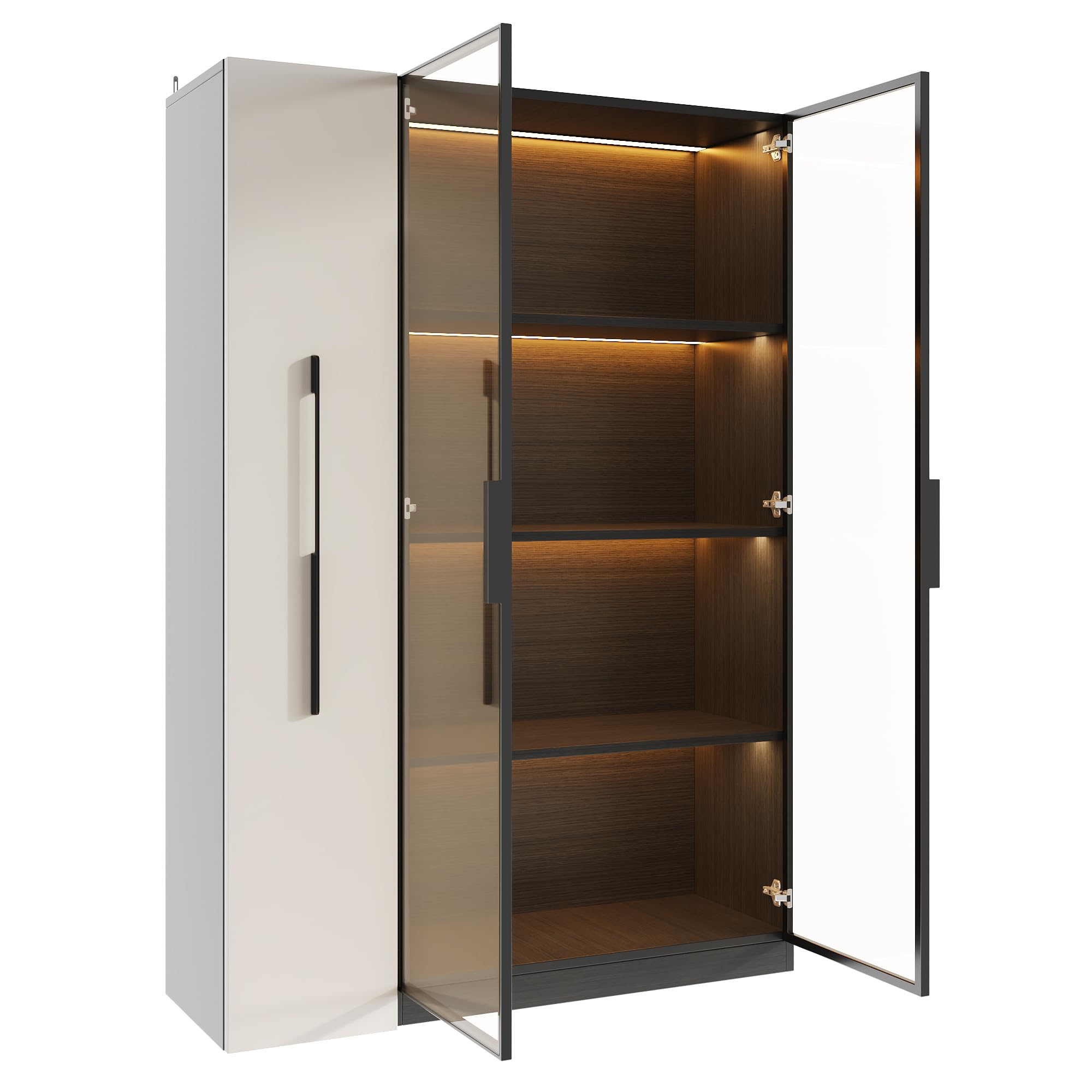 Merax Vitrine 110,5x35x160 cm, Multifunktionsschrank mit Glastür und LED-Beleuchtung, Seitenauszug auf Rollen, moderner Hochschrank in für Wohnzimmer, Esszimmer oder Büro, Schwarz & Weiß