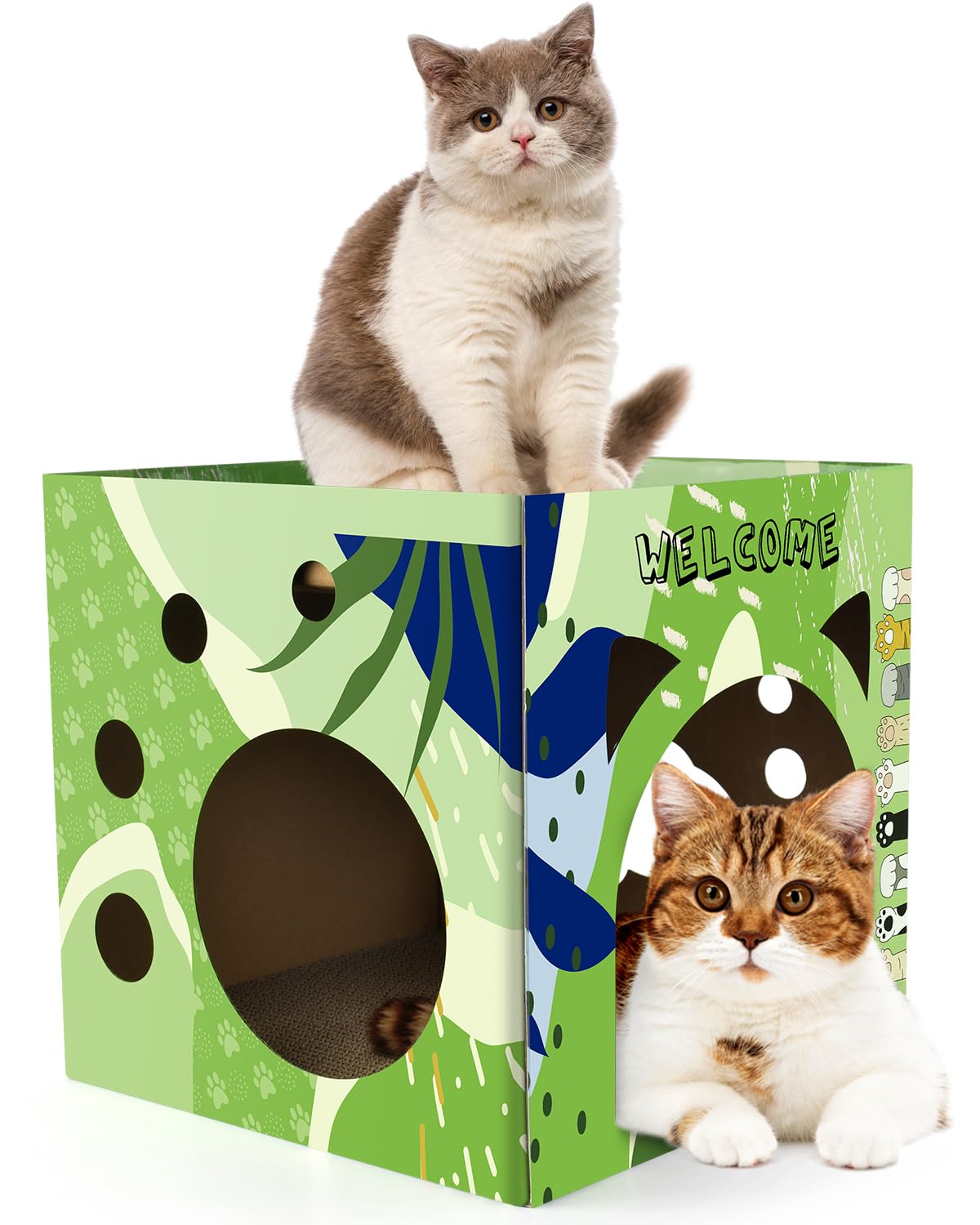 Bissap Cat Cardboard House, Large Cat Play Condo with 2 Story Scratch Pads Cat Bed Scratching Lounge for Indoor Cats Kittens Breathable Cube Shelter Corrugated Scratcher Catnip Box Toy